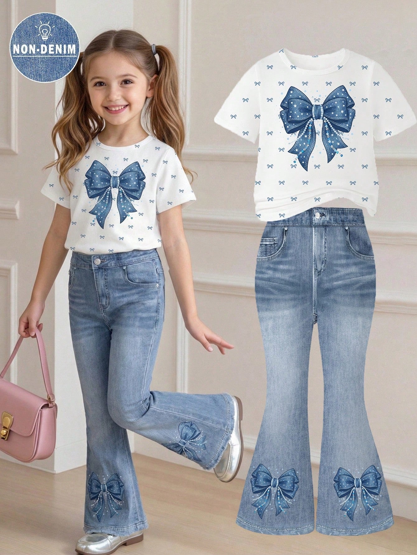 Elladie kids 2pcs/Set Young Girl Casual Butterfly Print Short Sleeve T-Shirt And Flare Pants,Cute Cartoon Graphic Fashionable Summer Clothes For School Outfit