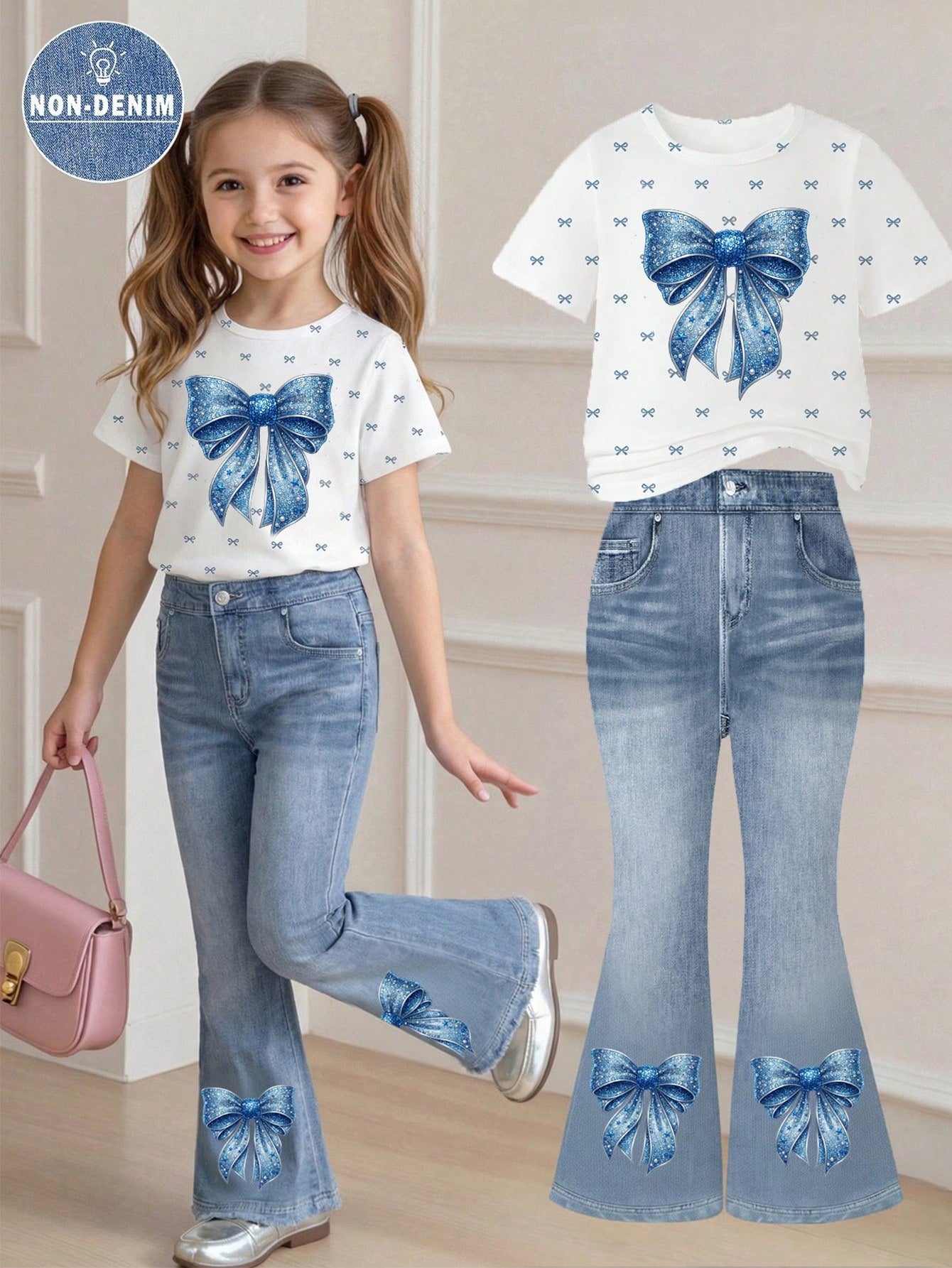 Elladie kids 2pcs/Set Young Girl Casual Butterfly Print Short Sleeve T-Shirt And Flare Pants,Cute Cartoon Graphic Fashionable Summer Clothes For School Outfit