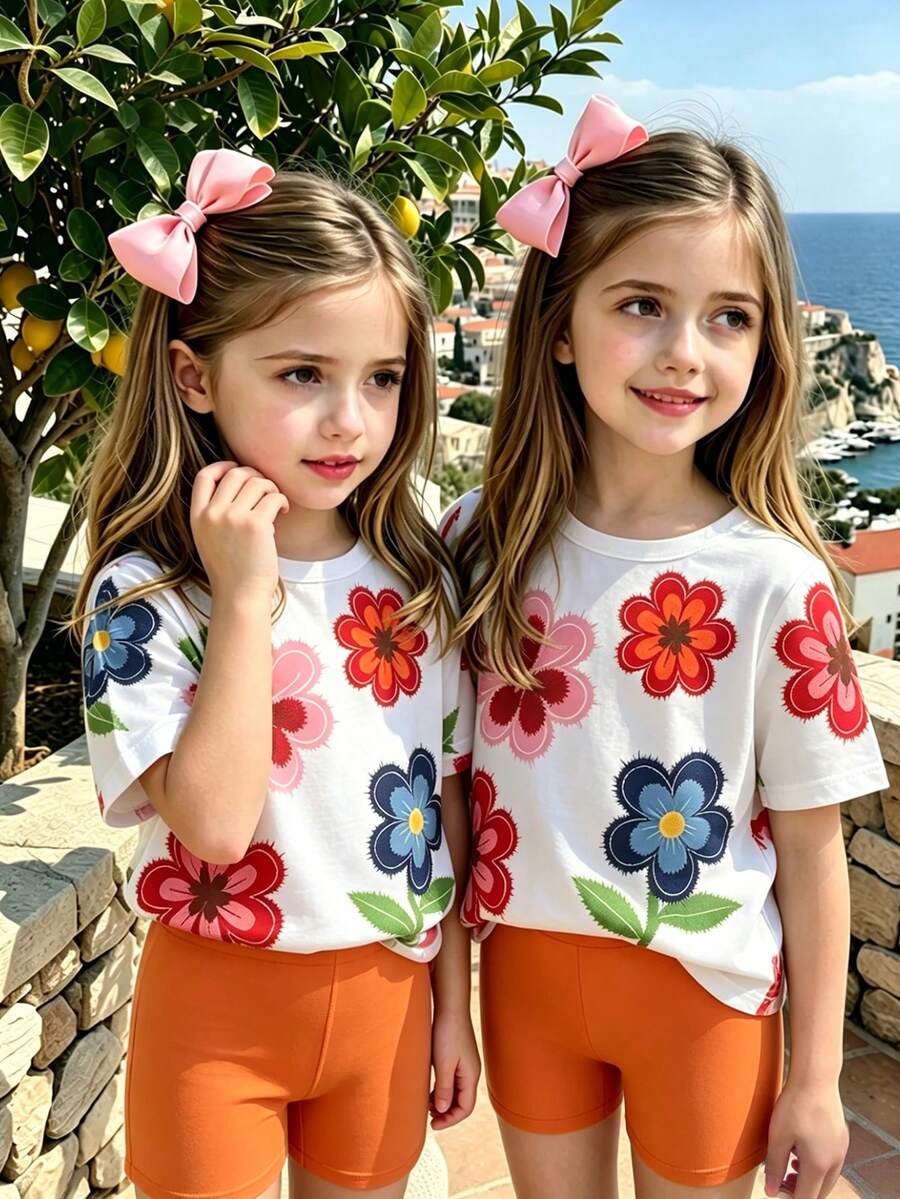 Elladie kids 2pcs/Set 4-7 Years Old Girls Toddler Outfits,Summer Cherry Bow Print Blue & White Striped Round Neck Short Sleeve T-Shirt + Shorts,Fresh Cute Style