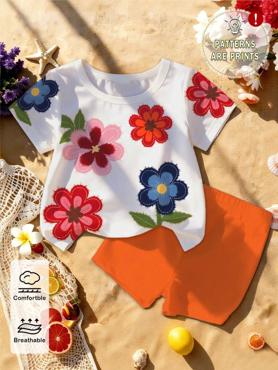 Elladie kids 2pcs/Set 4-7 Years Old Girls Toddler Outfits,Summer Cherry Bow Print Blue & White Striped Round Neck Short Sleeve T-Shirt + Shorts,Fresh Cute Style