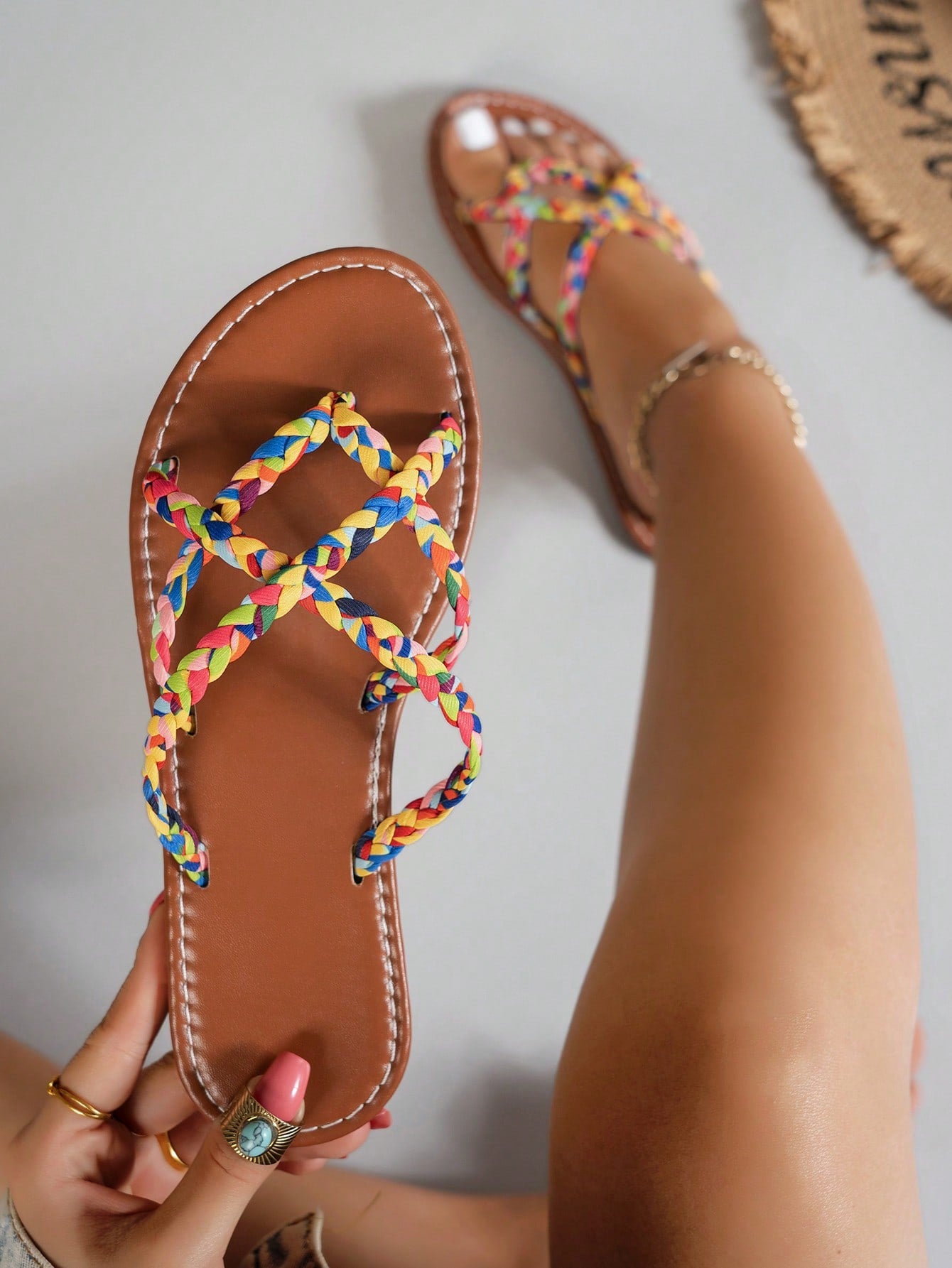 Women’s leopard print woven flat slide sandals with cut-out details and open toe silhouette, casual beach-style slip-on design.