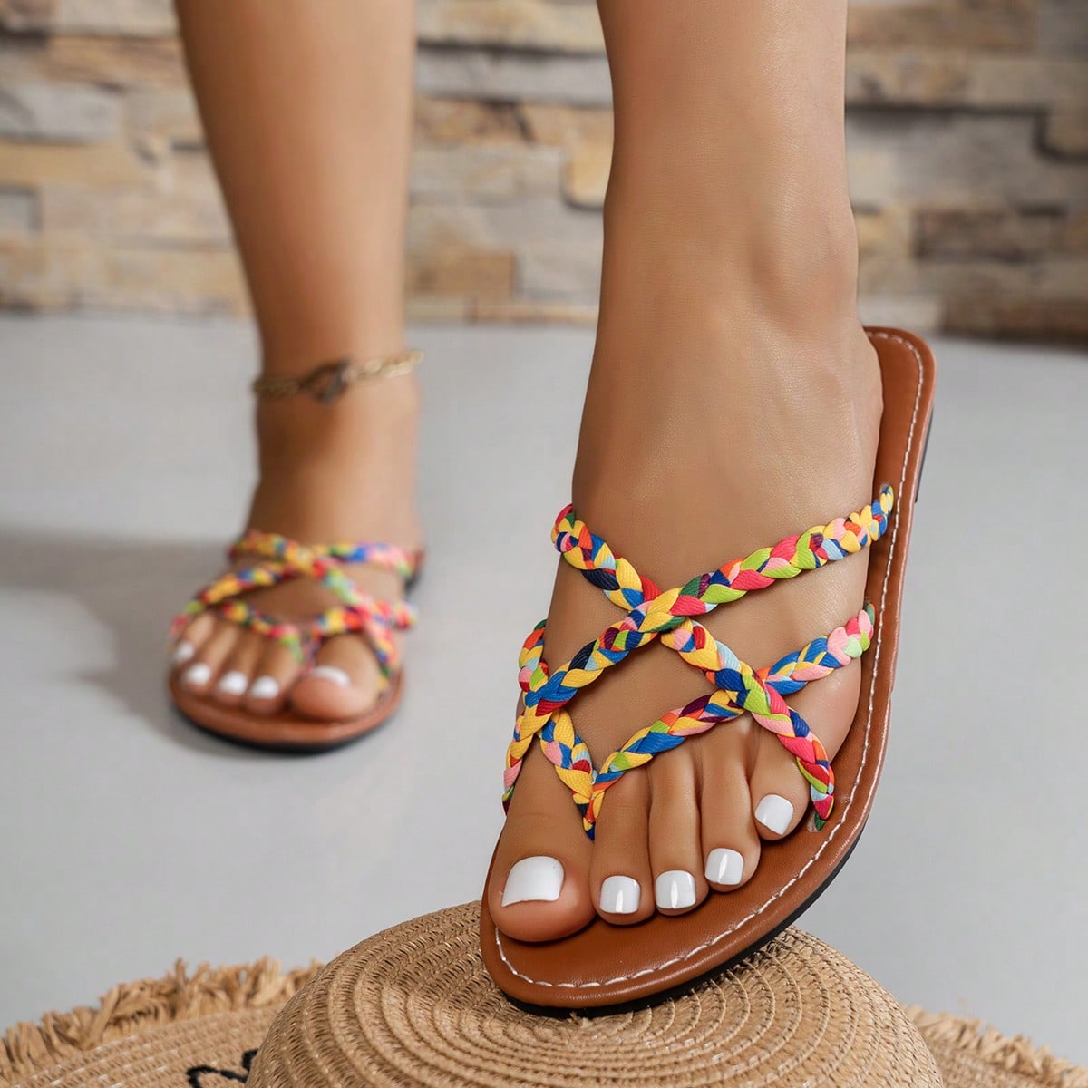 Women’s leopard print woven flat slide sandals with cut-out details and open toe silhouette, casual beach-style slip-on design.