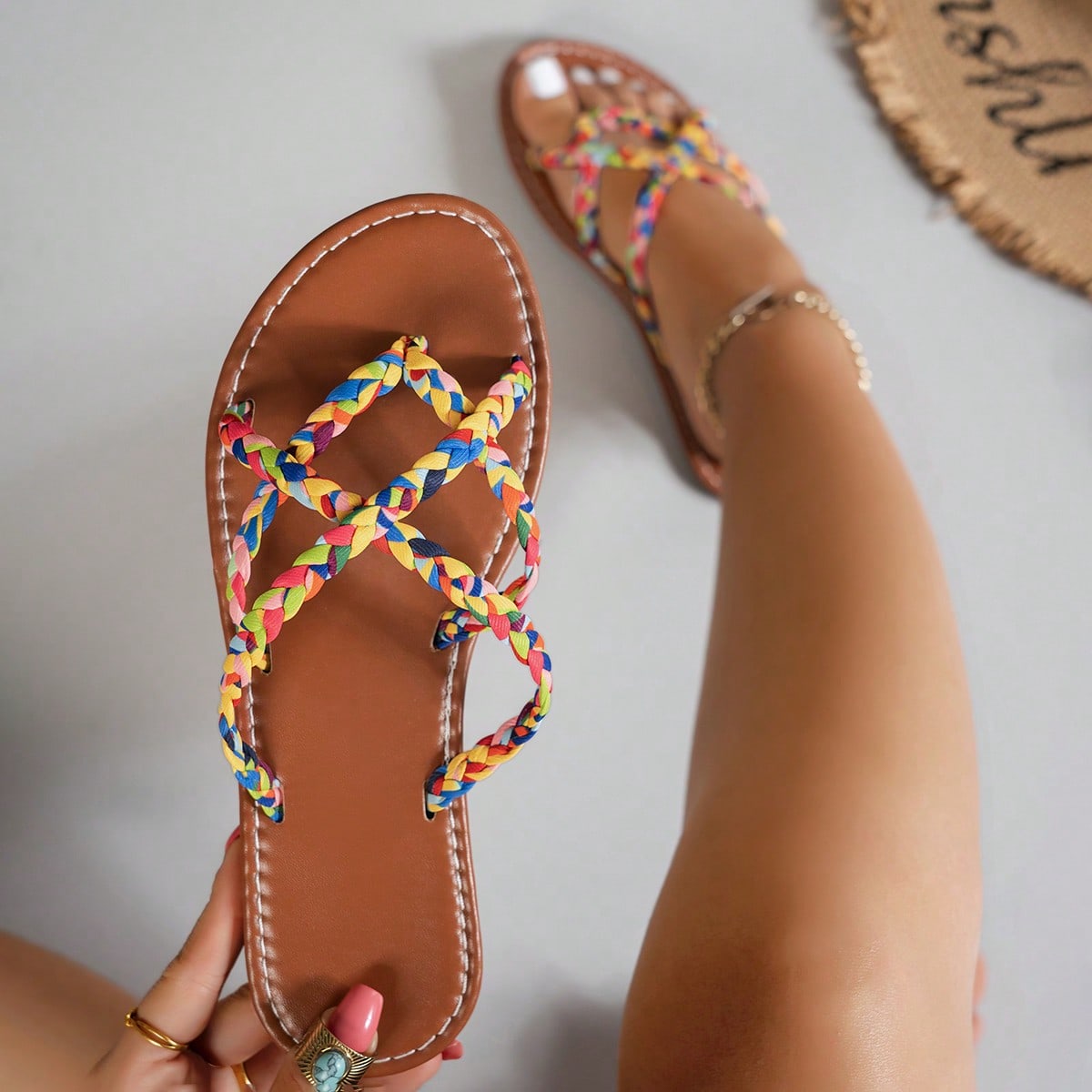 Women’s leopard print woven flat slide sandals with cut-out details and open toe silhouette, casual beach-style slip-on design.