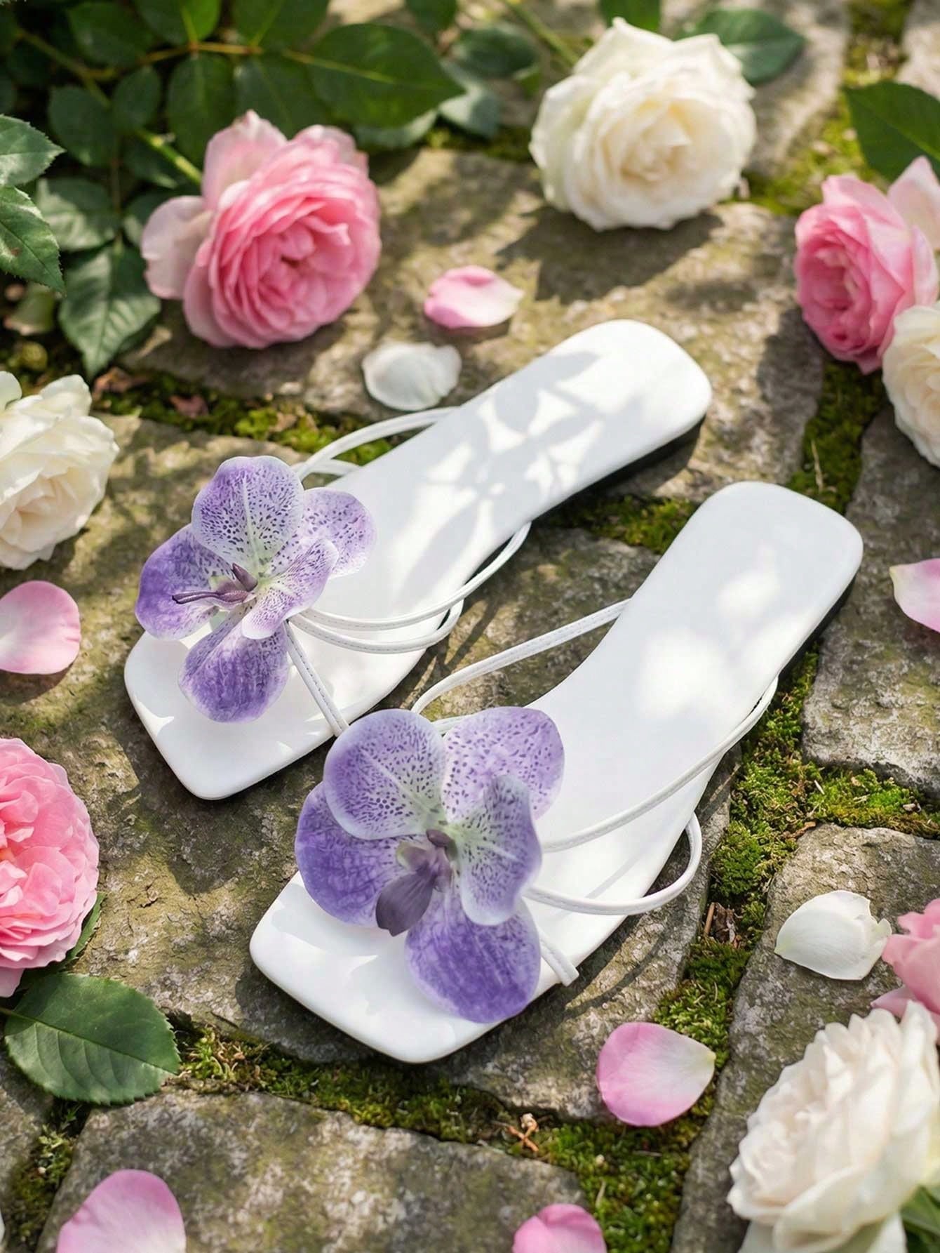Women's black flat slide sandals with toe post design, textured PU leather straps, and rhinestone heart decoration.