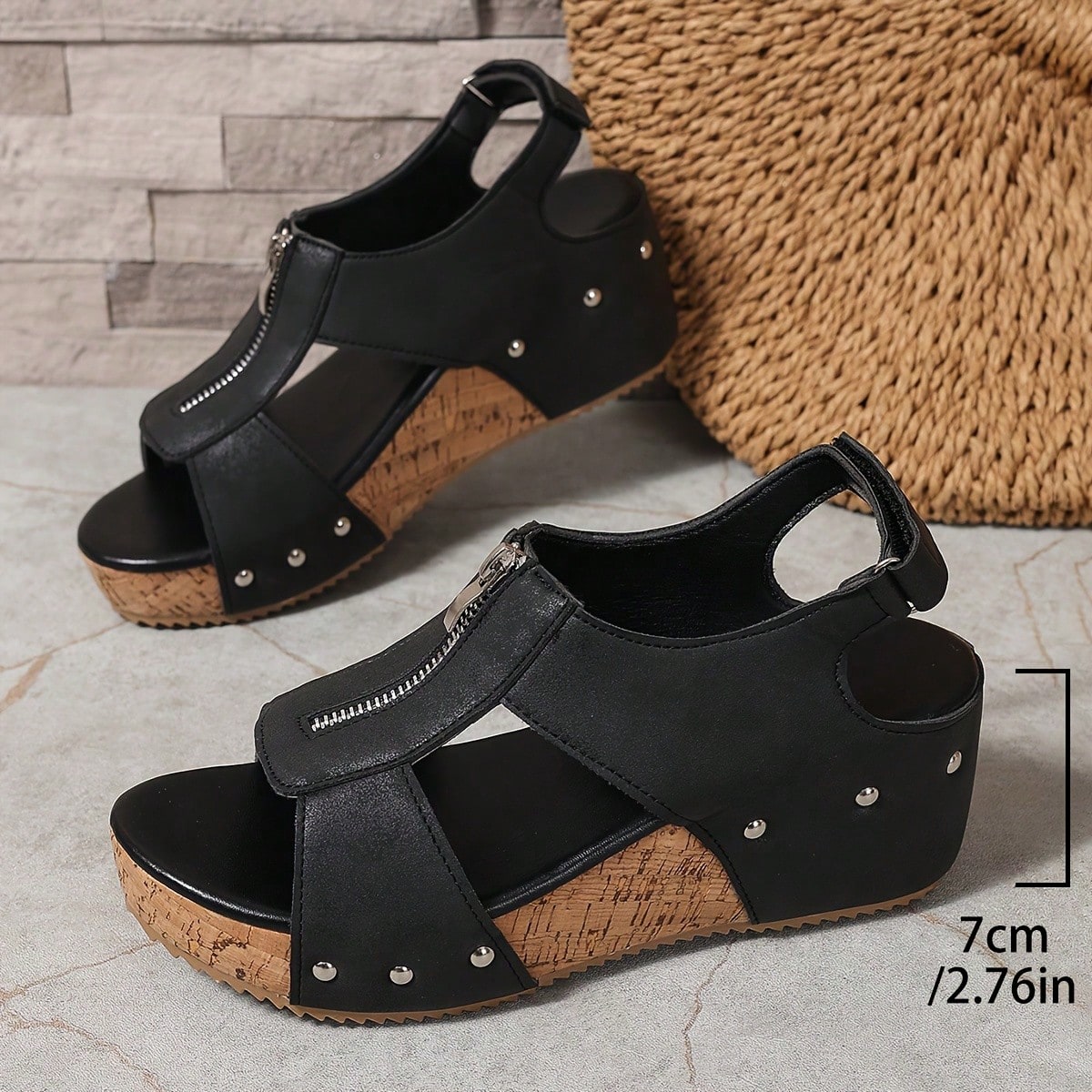 Women's plain slip-on slippers with a round toe, platform sole, and studded details, designed for casual daily wear and vacation outfits.
