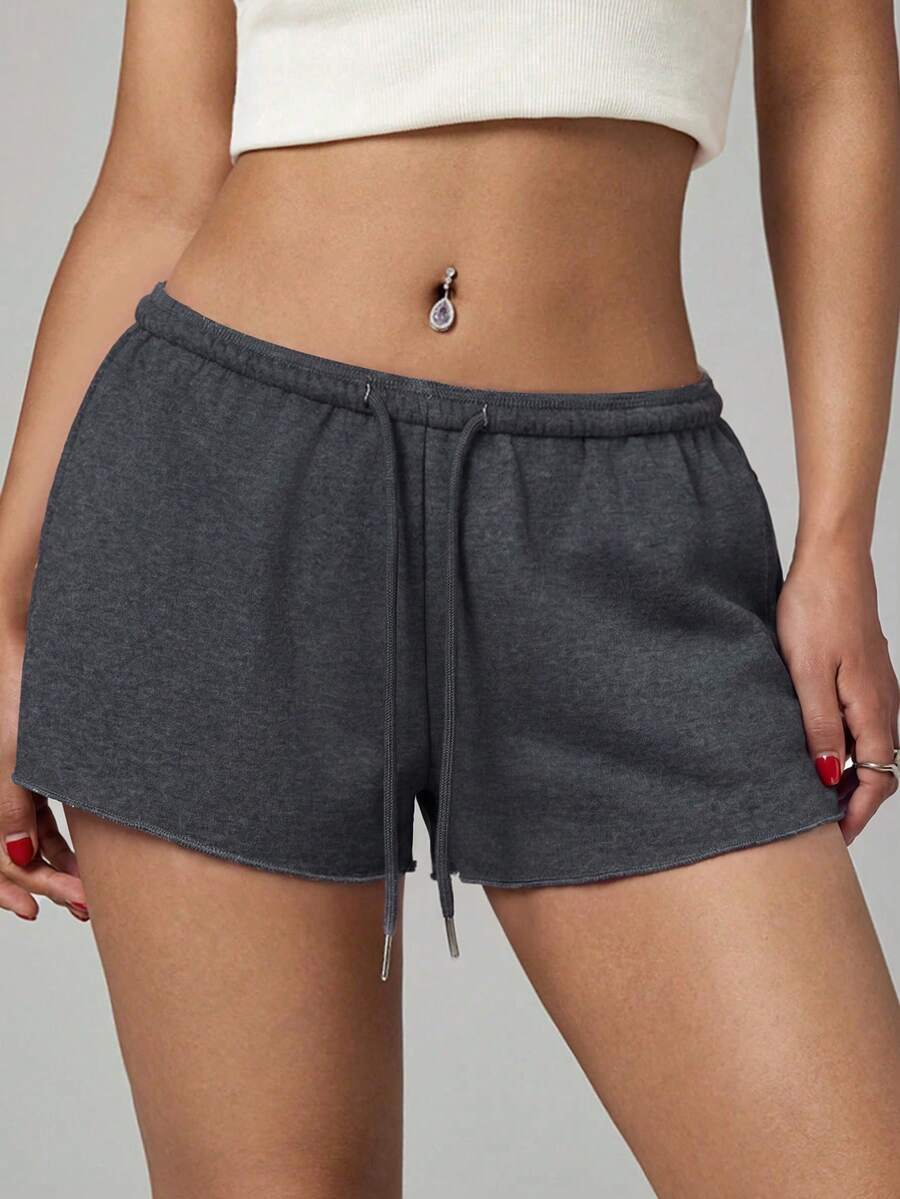 Petite women's burgundy casual track shorts with drawstring waist, raw hem, loose fit, and mini length