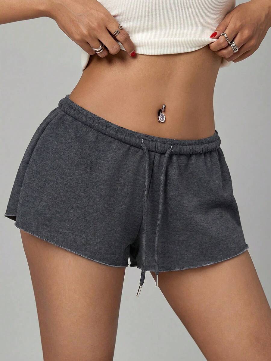 Petite women's burgundy casual track shorts with drawstring waist, raw hem, loose fit, and mini length