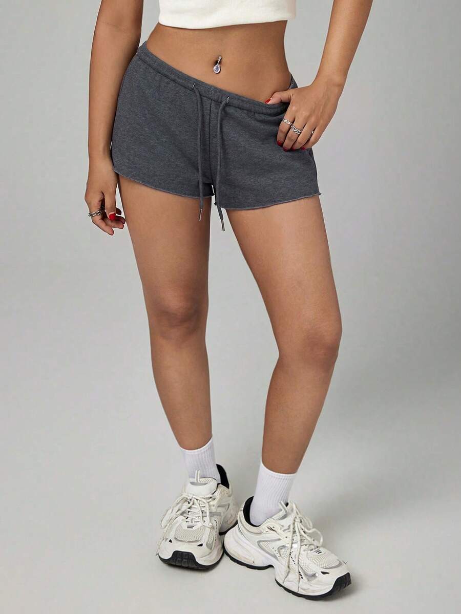 Petite women's burgundy casual track shorts with drawstring waist, raw hem, loose fit, and mini length