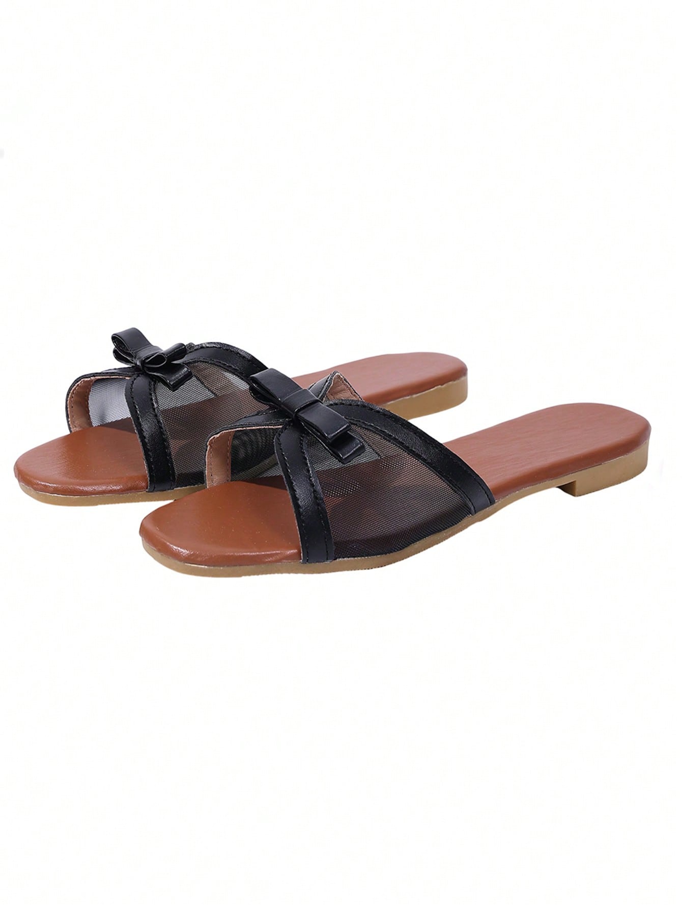 Women's flat slip-on slide sandals with textured PU leather look, bow detail on the upper, and toe-post design for casual vacation and beach wear.