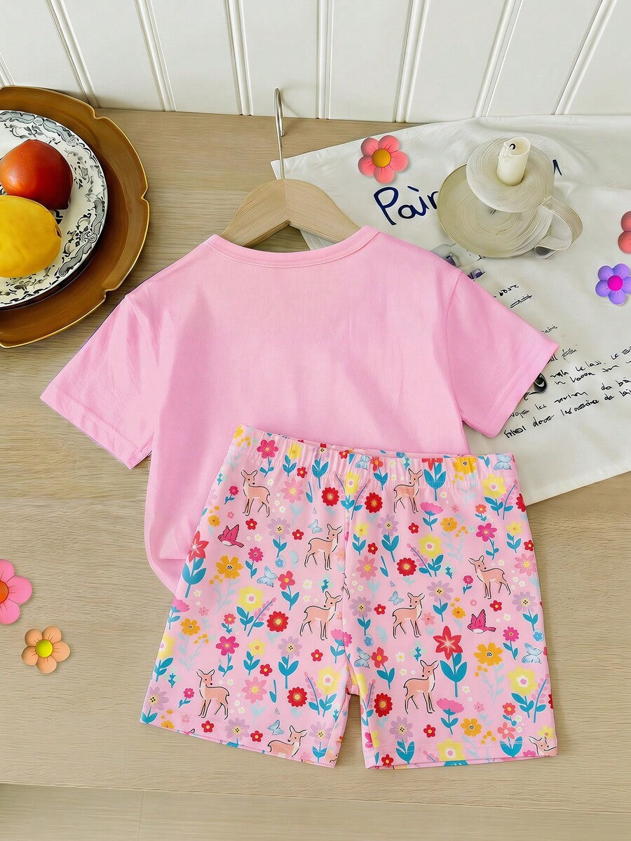 Elladie kids 2pcs/Set 4-7 Years Old Girls Toddler Outfits,Summer Cherry Bow Print Blue & White Striped Round Neck Short Sleeve T-Shirt + Shorts,Fresh Cute Style