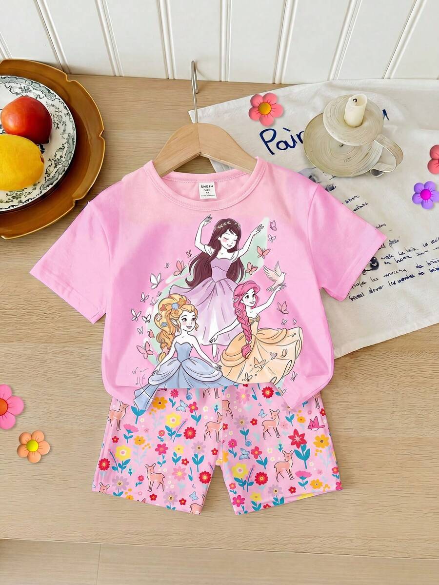 Elladie kids 2pcs/Set 4-7 Years Old Girls Toddler Outfits,Summer Cherry Bow Print Blue & White Striped Round Neck Short Sleeve T-Shirt + Shorts,Fresh Cute Style