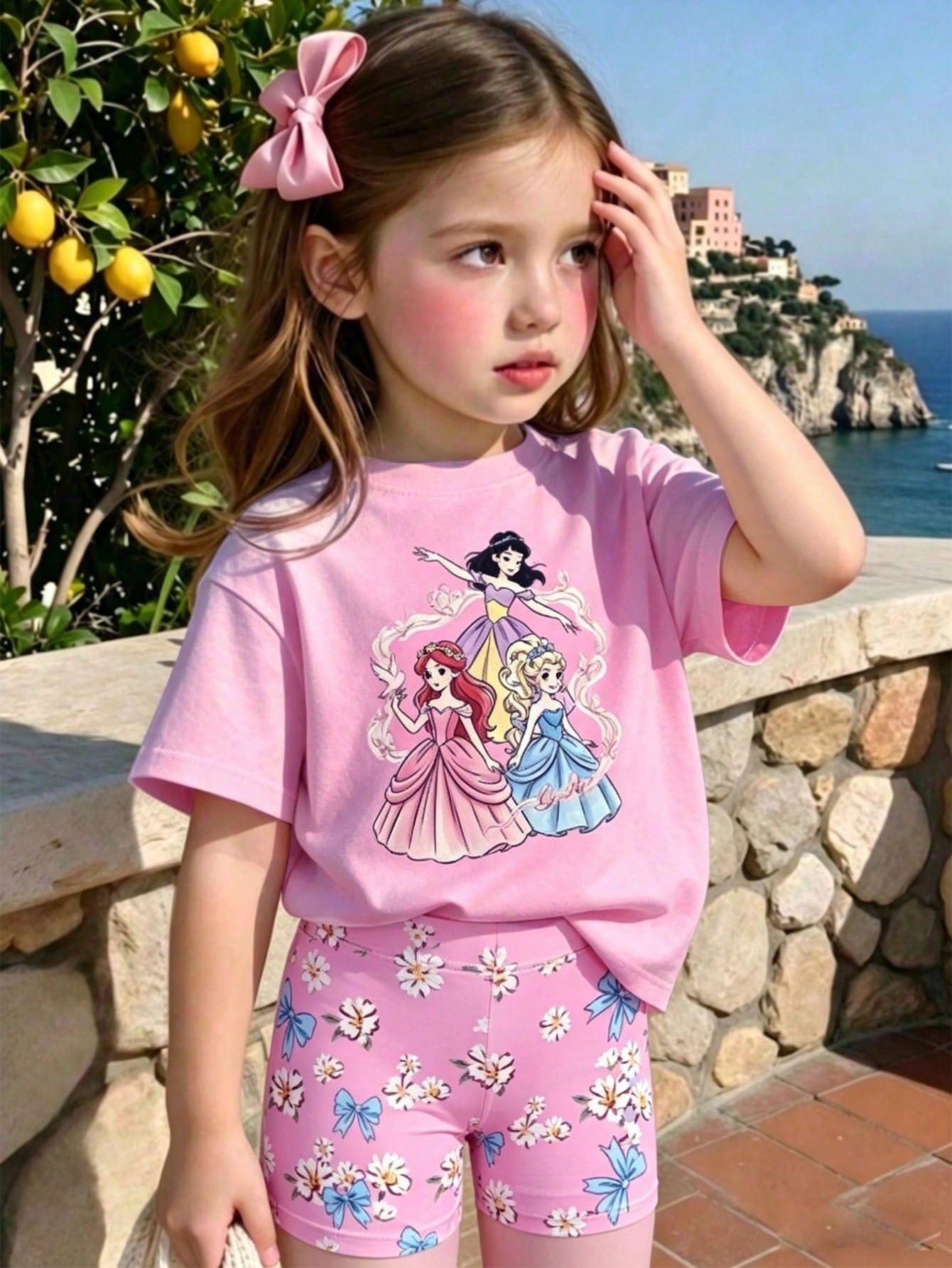 Elladie kids 2pcs/Set 4-7 Years Old Girls Toddler Outfits,Summer Cherry Bow Print Blue & White Striped Round Neck Short Sleeve T-Shirt + Shorts,Fresh Cute Style