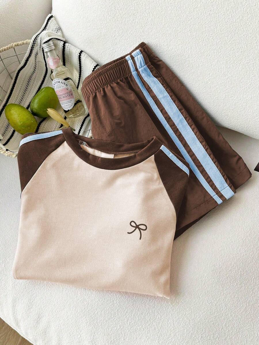 Genkimix Kids Young Girls Casual Light Sports Print Leopard Raglan T-Shirt With Cute Bow Front, Contrast Pink Knit Jersey Fabric, Y2K Retro Double Stripe Leopard Shorts Set, Suitable For Casual Activities, Street Style, Sports