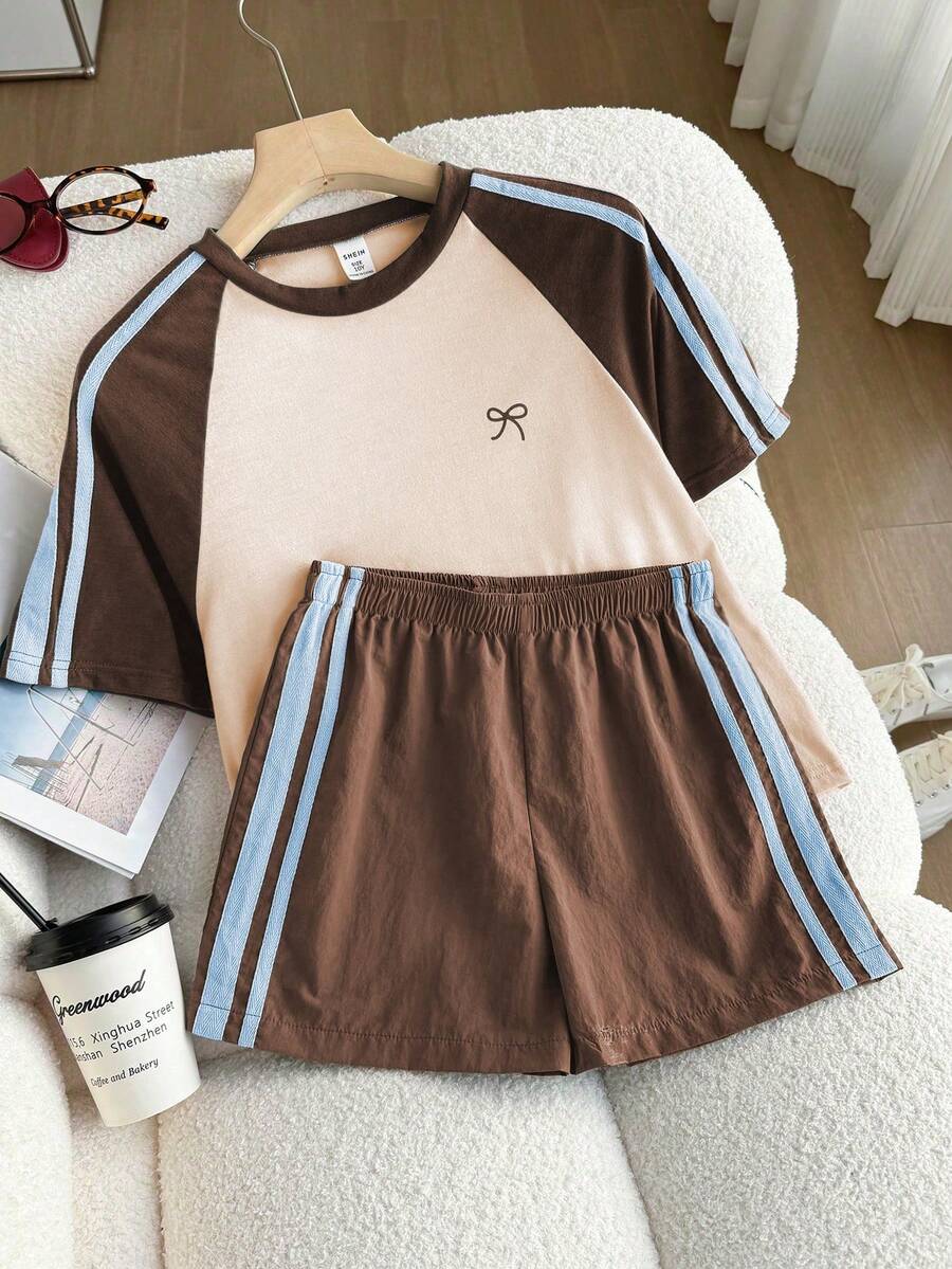 Genkimix Kids Young Girls Casual Light Sports Print Leopard Raglan T-Shirt With Cute Bow Front, Contrast Pink Knit Jersey Fabric, Y2K Retro Double Stripe Leopard Shorts Set, Suitable For Casual Activities, Street Style, Sports