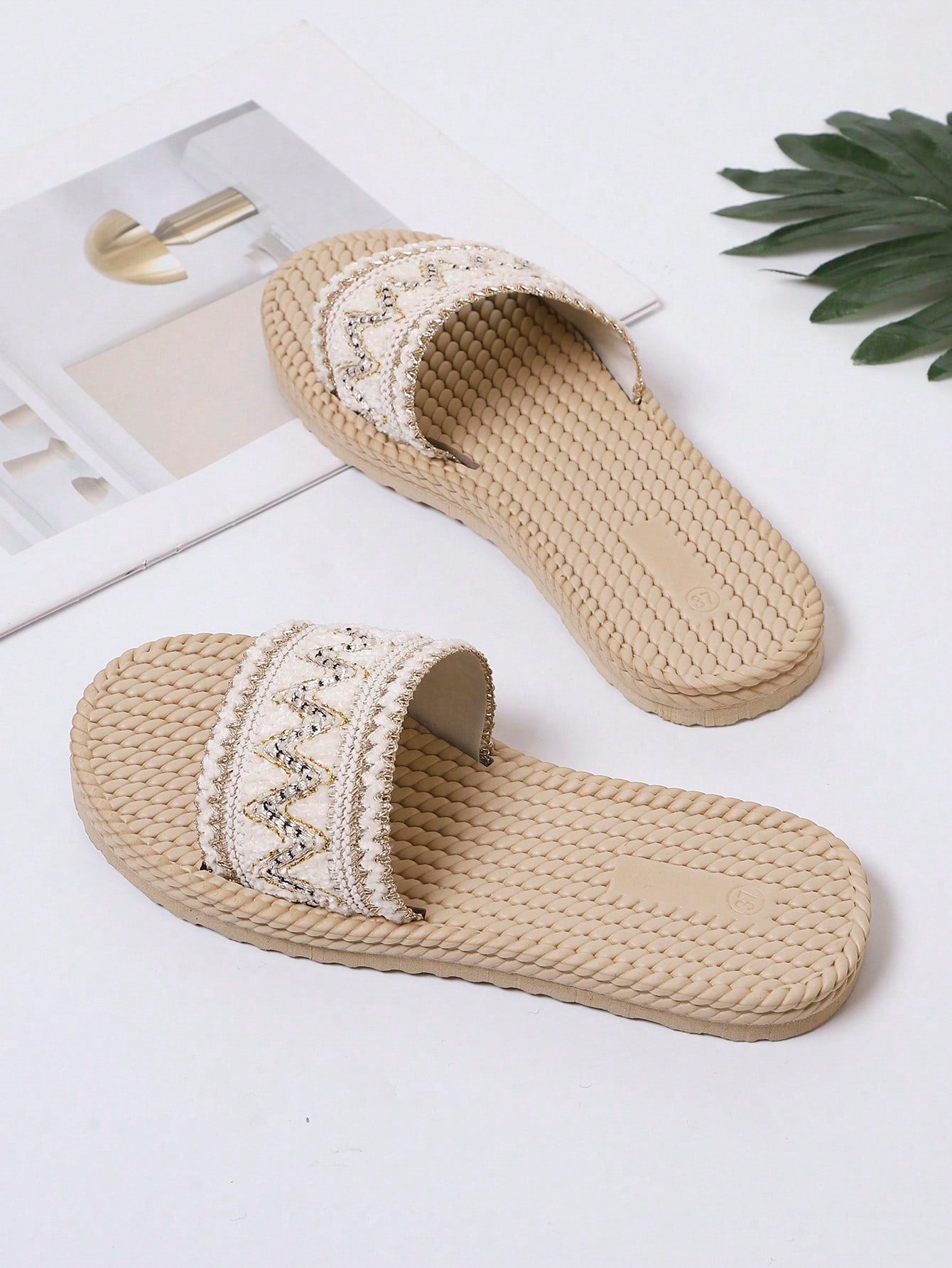 White flower Y2K flat slide sandals with toe post, beaded and embroidered woven-look fabric upper