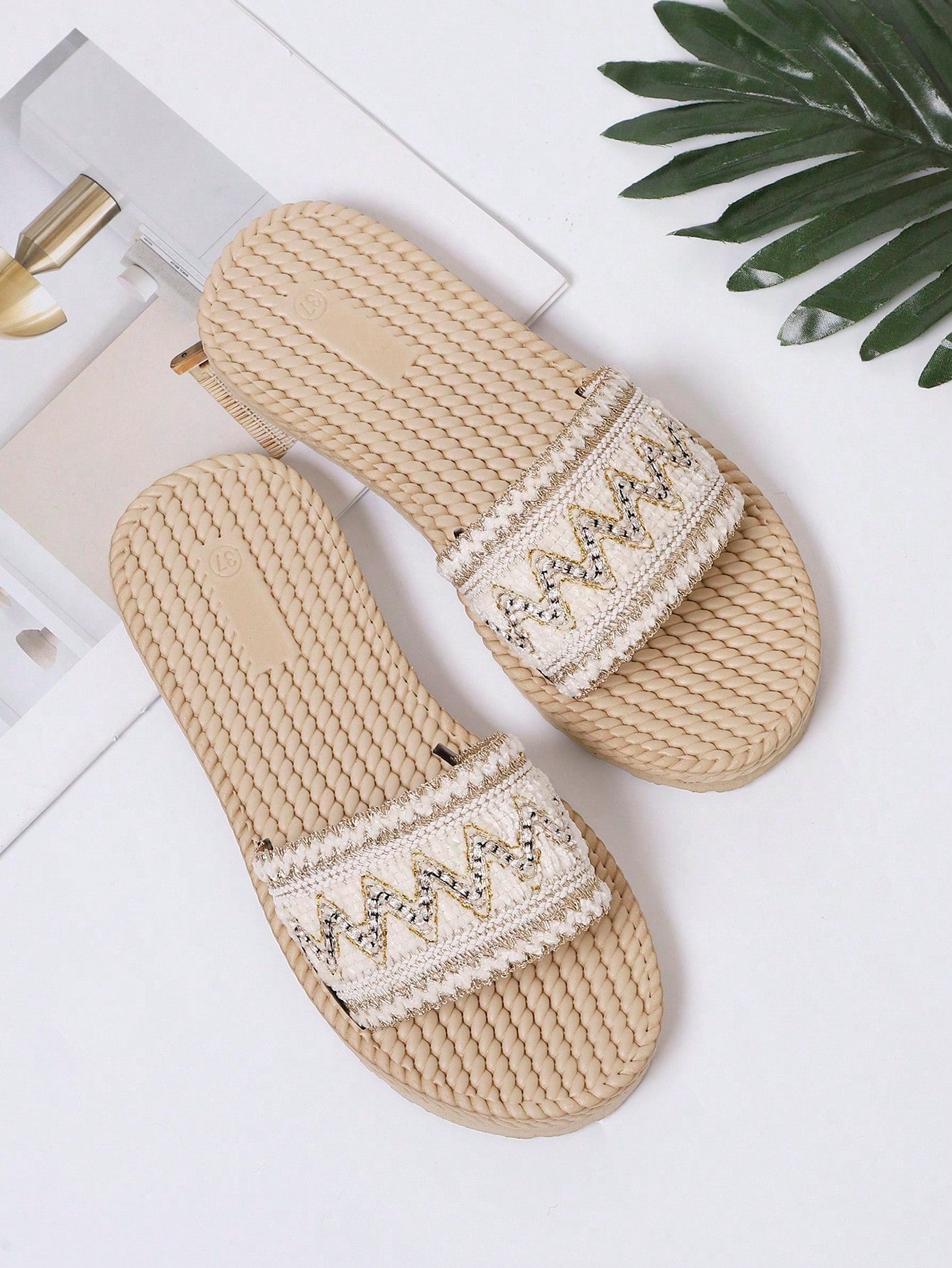 White flower Y2K flat slide sandals with toe post, beaded and embroidered woven-look fabric upper
