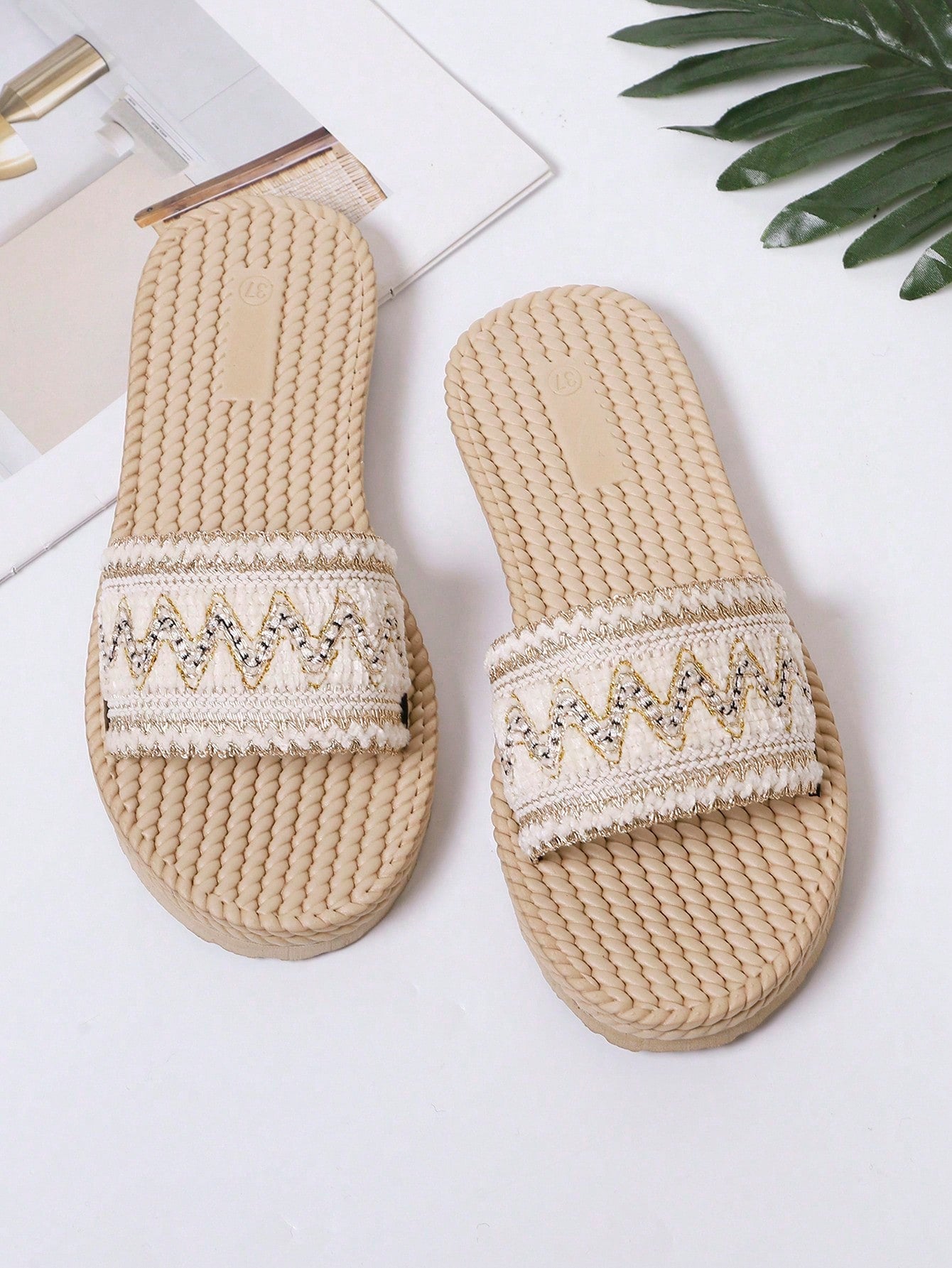 White flower Y2K flat slide sandals with toe post, beaded and embroidered woven-look fabric upper