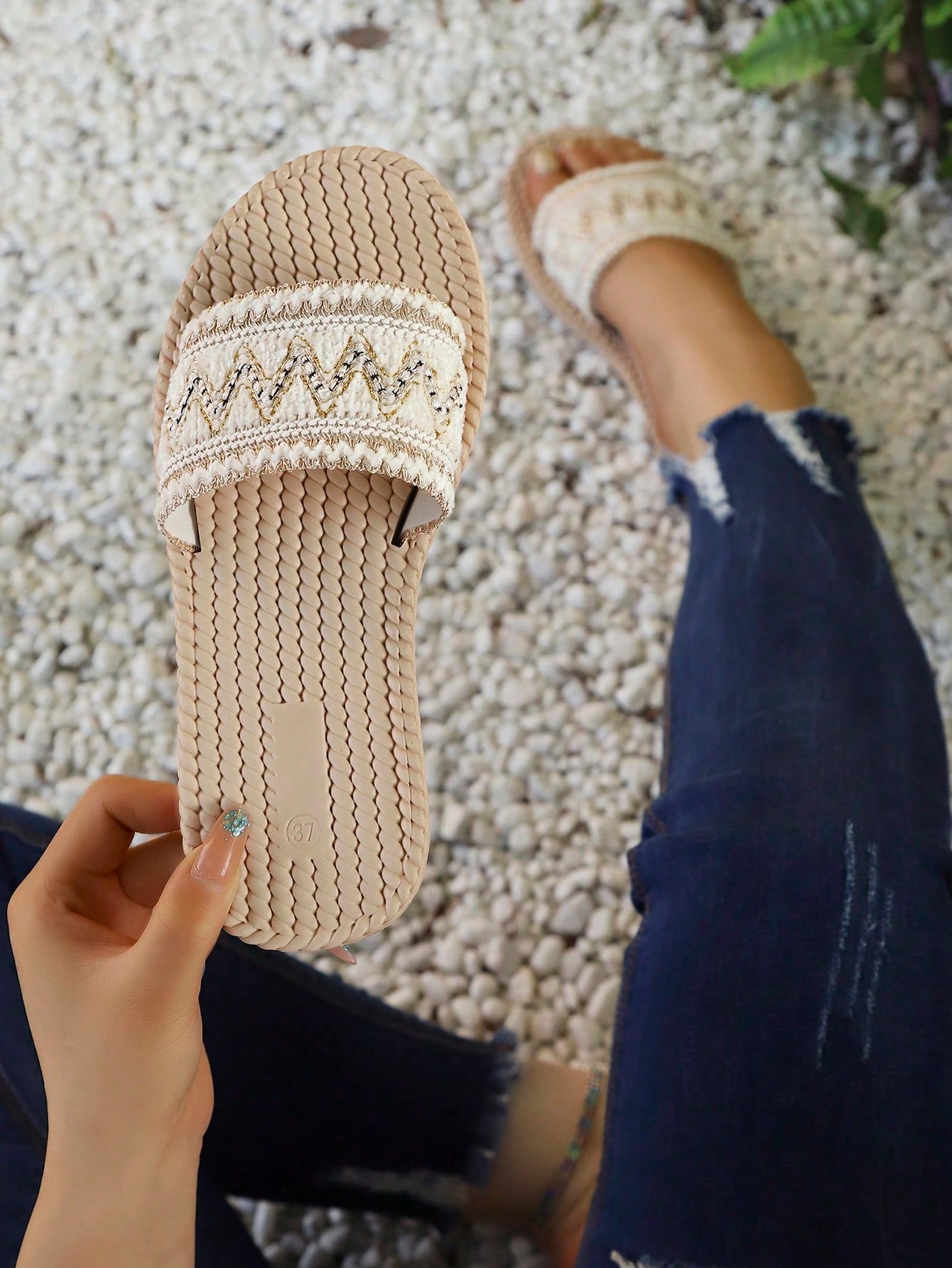 White flower Y2K flat slide sandals with toe post, beaded and embroidered woven-look fabric upper