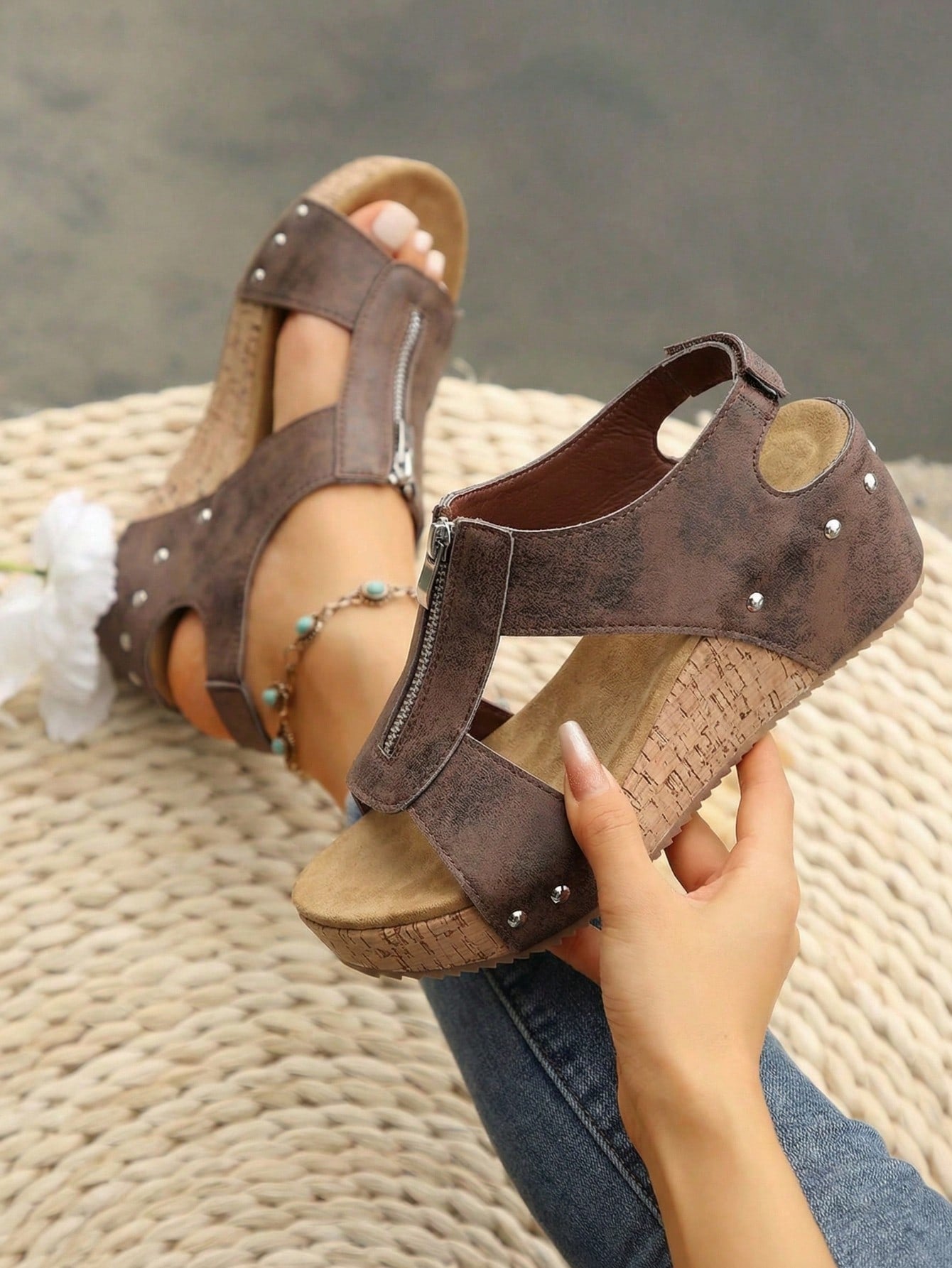Women's plain slip-on slippers with a round toe, platform sole, and studded details, designed for casual daily wear and vacation outfits.