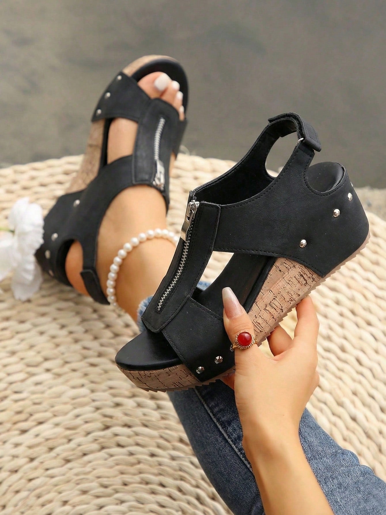 Women's plain slip-on slippers with a round toe, platform sole, and studded details, designed for casual daily wear and vacation outfits.