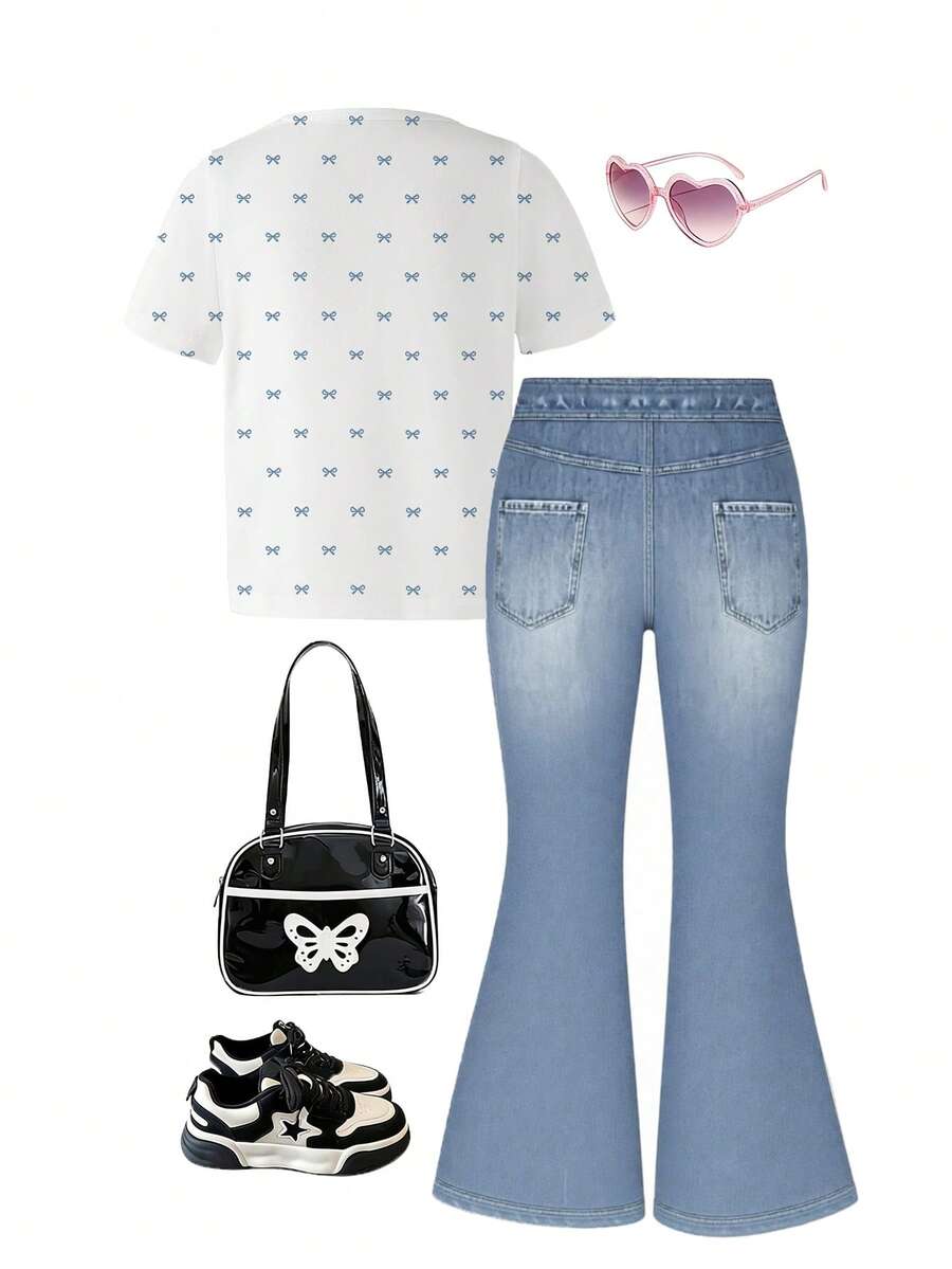 Elladie kids 2pcs/Set Young Girl Casual Butterfly Print Short Sleeve T-Shirt And Flare Pants,Cute Cartoon Graphic Fashionable Summer Clothes For School Outfit