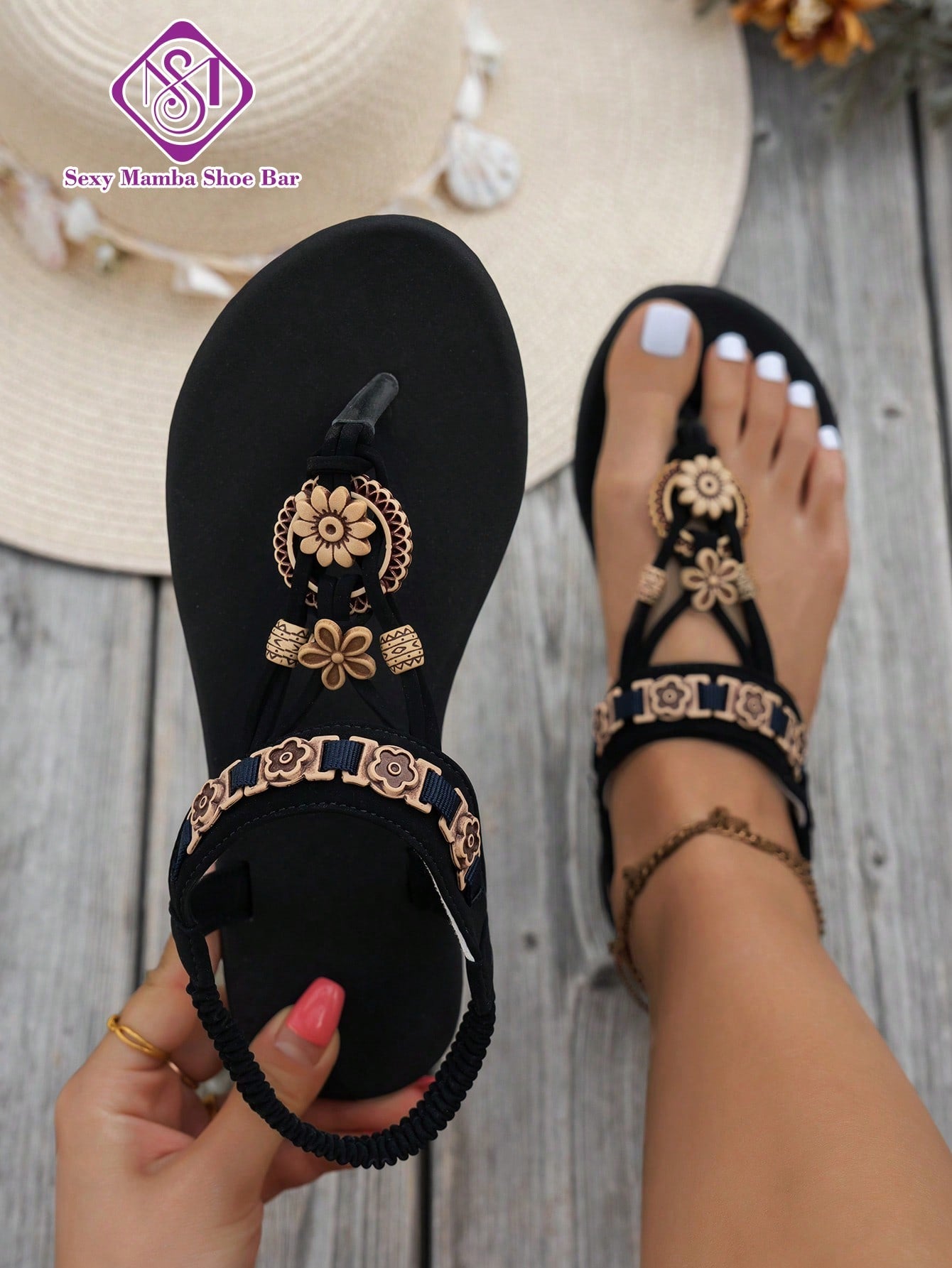 Women's flat slip-on sandals with open toe, plain solid-color look, beaded detail, and golden bar decor in a classic bohemian-inspired style.