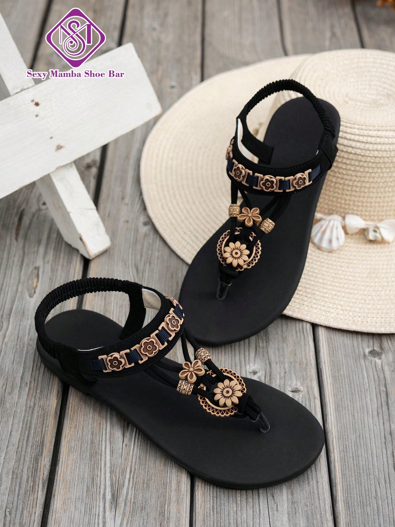 Women's flat slip-on sandals with open toe, plain solid-color look, beaded detail, and golden bar decor in a classic bohemian-inspired style.