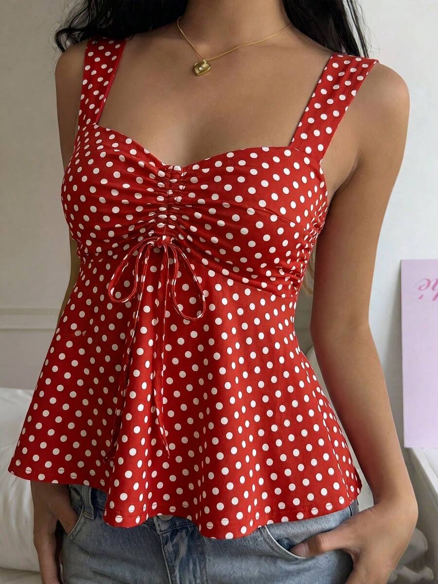2026 Spring/Summer Women's New Arrival: Brown And White Polka Dot Sweet Vintage 2000s Cute Casual Versatile Ruffle Drawstring Top/Tank Vacation