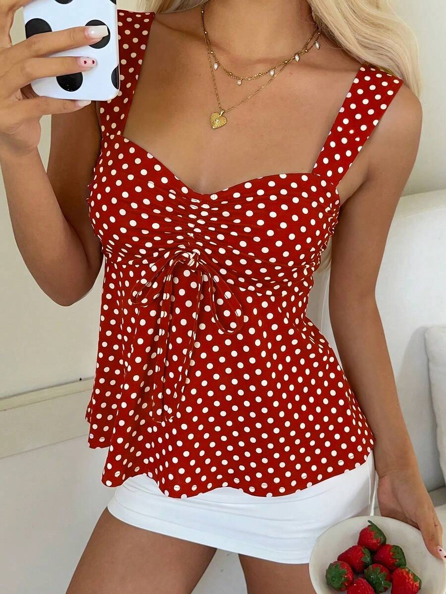 2026 Spring/Summer Women's New Arrival: Brown And White Polka Dot Sweet Vintage 2000s Cute Casual Versatile Ruffle Drawstring Top/Tank Vacation
