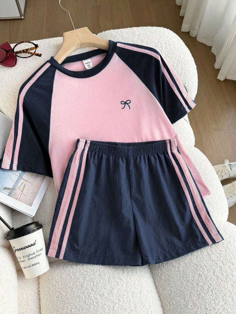 Genkimix Kids Young Girls Casual Light Sports Print Leopard Raglan T-Shirt With Cute Bow Front, Contrast Pink Knit Jersey Fabric, Y2K Retro Double Stripe Leopard Shorts Set, Suitable For Casual Activities, Street Style, Sports