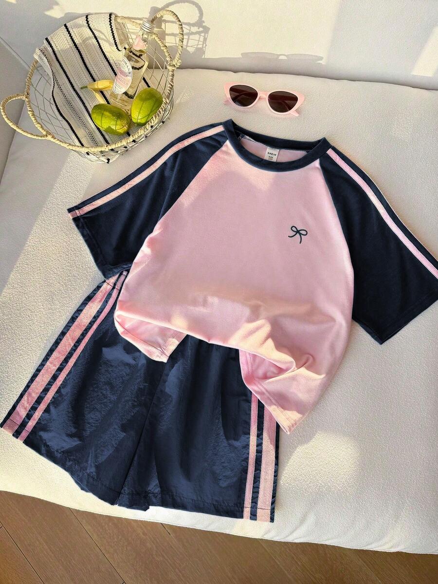 Genkimix Kids Young Girls Casual Light Sports Print Leopard Raglan T-Shirt With Cute Bow Front, Contrast Pink Knit Jersey Fabric, Y2K Retro Double Stripe Leopard Shorts Set, Suitable For Casual Activities, Street Style, Sports