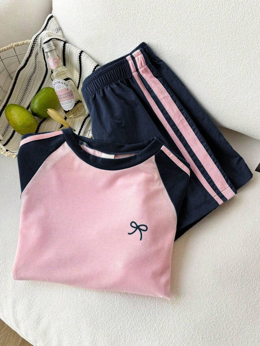 Genkimix Kids Young Girls Casual Light Sports Print Leopard Raglan T-Shirt With Cute Bow Front, Contrast Pink Knit Jersey Fabric, Y2K Retro Double Stripe Leopard Shorts Set, Suitable For Casual Activities, Street Style, Sports