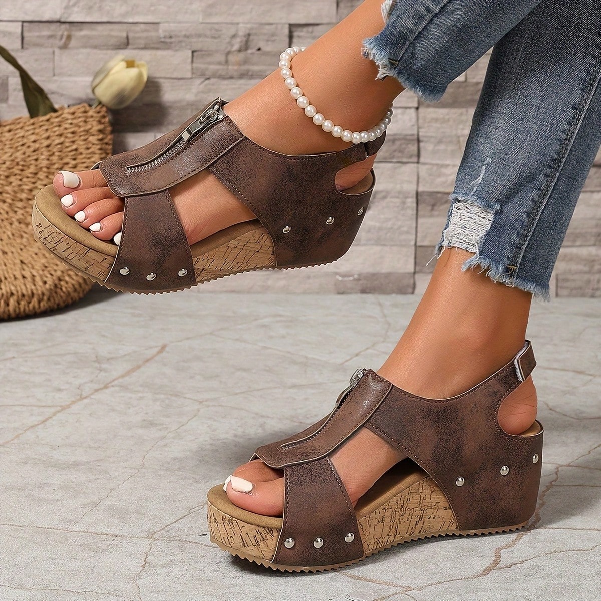 Women's plain slip-on slippers with a round toe, platform sole, and studded details, designed for casual daily wear and vacation outfits.