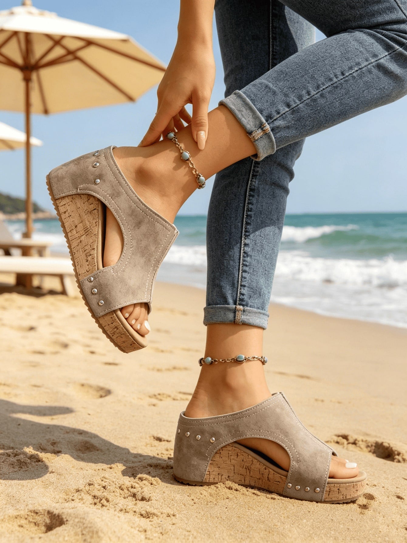 Women's plain slip-on slippers with a round toe, platform sole, and studded details, designed for casual daily wear and vacation outfits.