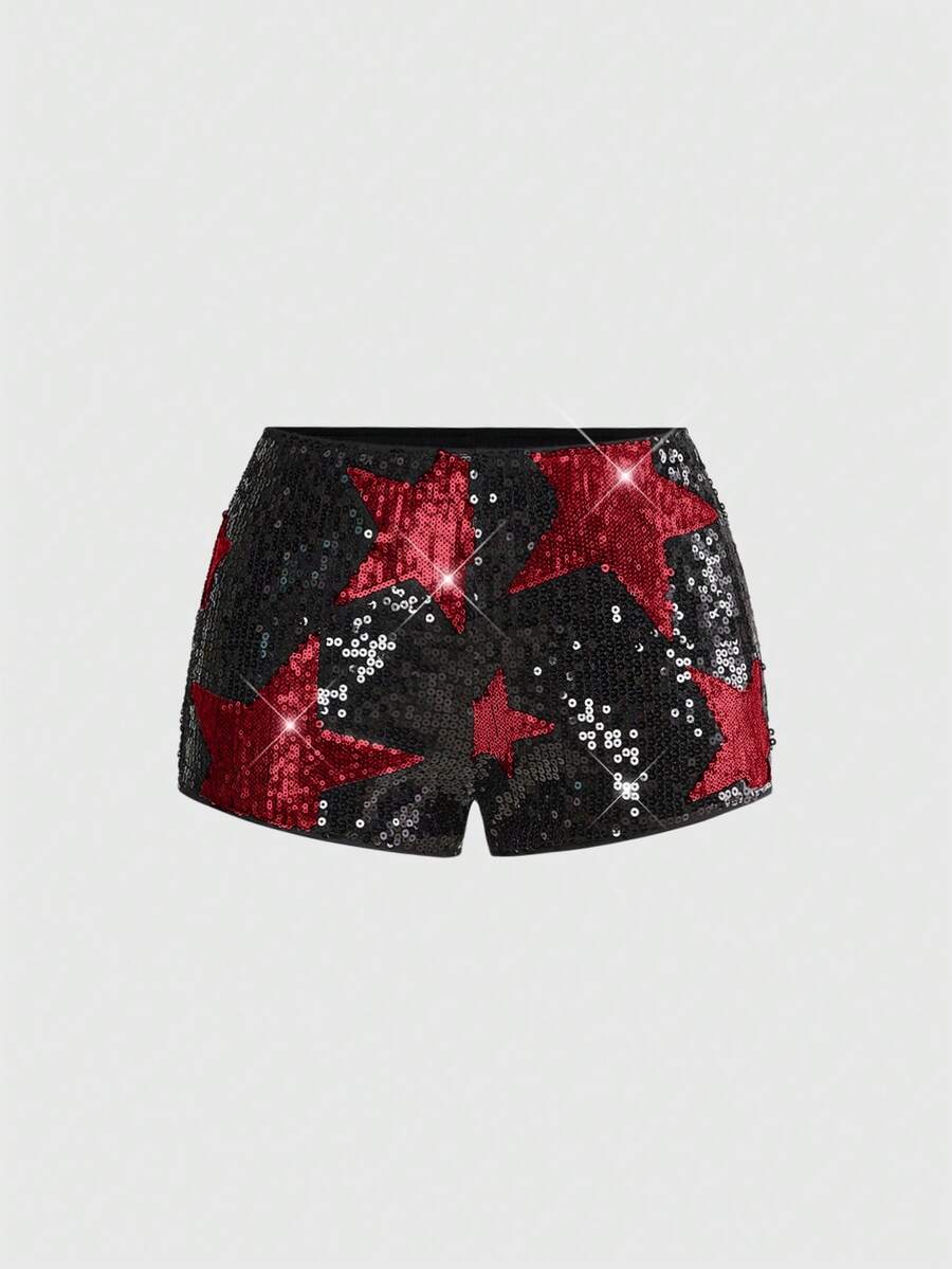 Women's black sequin ultra low-waist mini shorts with sparkling pentagram decor, zipper detail, and elastic waist for party, stage, concert, or Halloween wear