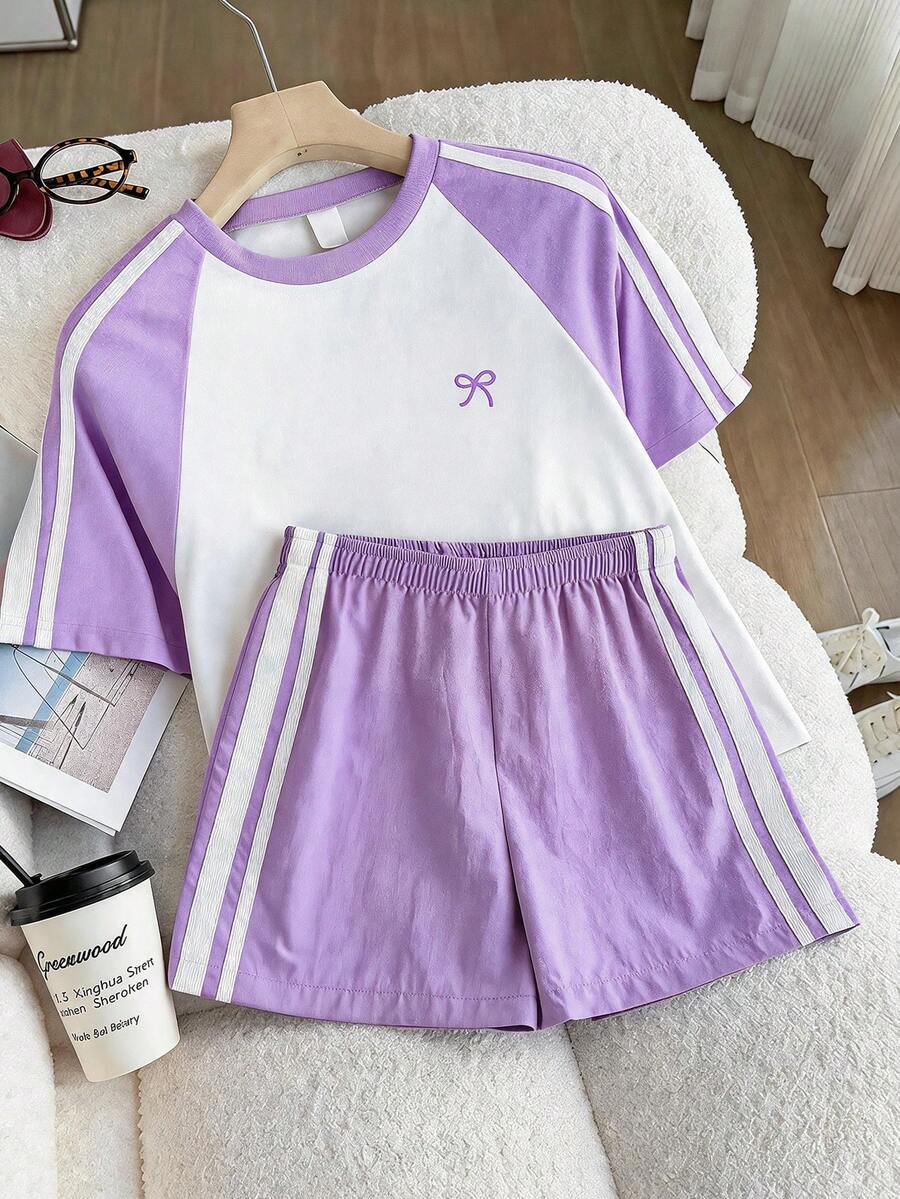 Genkimix Kids Young Girls Casual Light Sports Print Leopard Raglan T-Shirt With Cute Bow Front, Contrast Pink Knit Jersey Fabric, Y2K Retro Double Stripe Leopard Shorts Set, Suitable For Casual Activities, Street Style, Sports
