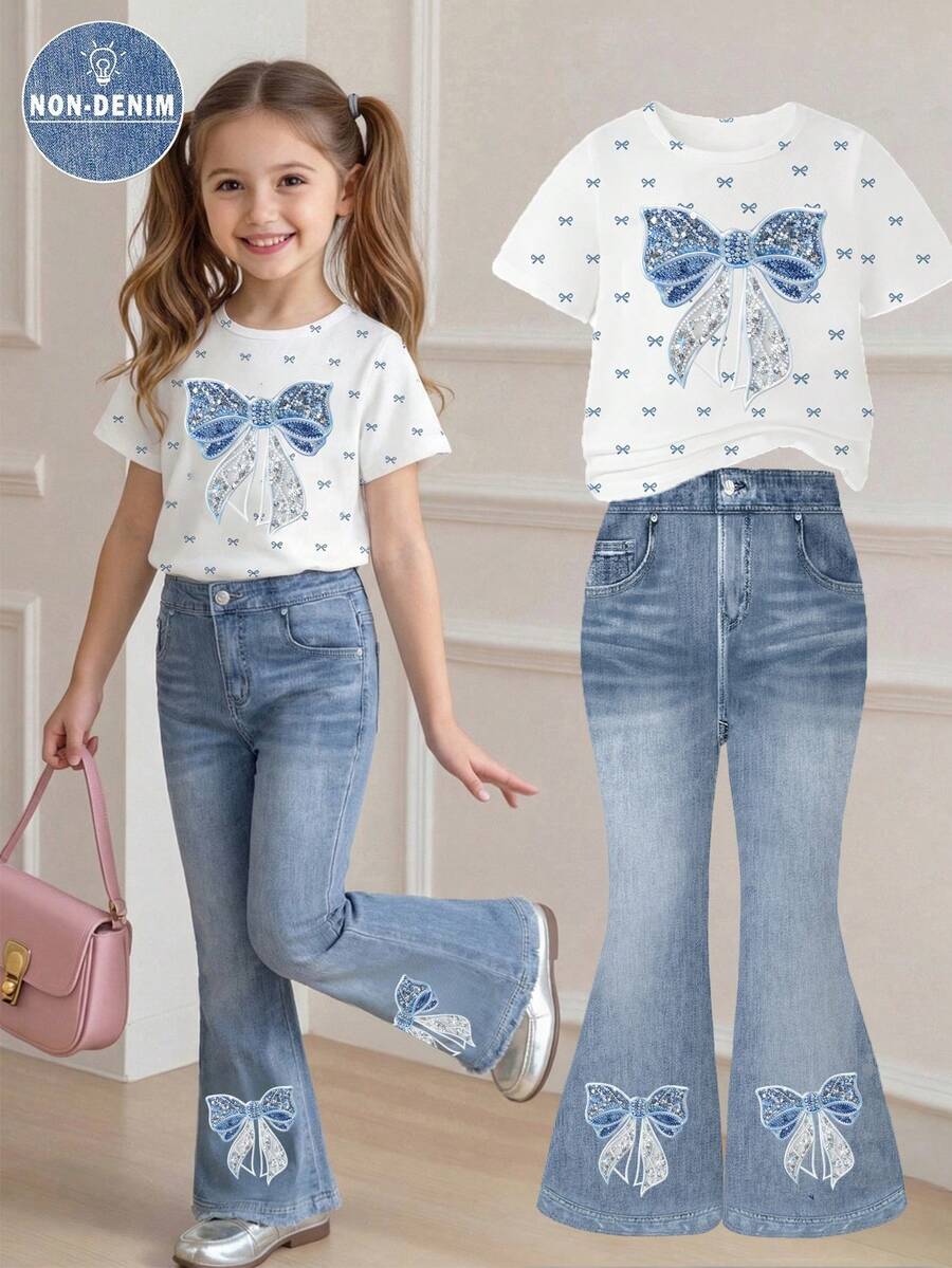 Elladie kids 2pcs/Set Young Girl Casual Butterfly Print Short Sleeve T-Shirt And Flare Pants,Cute Cartoon Graphic Fashionable Summer Clothes For School Outfit