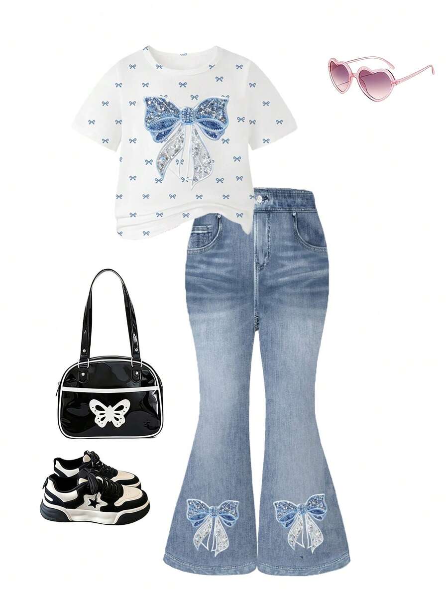 Elladie kids 2pcs/Set Young Girl Casual Butterfly Print Short Sleeve T-Shirt And Flare Pants,Cute Cartoon Graphic Fashionable Summer Clothes For School Outfit