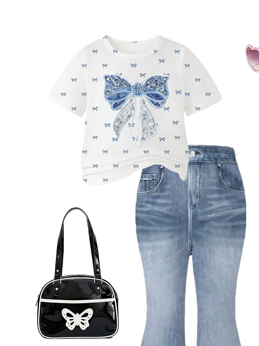 Elladie kids 2pcs/Set Young Girl Casual Butterfly Print Short Sleeve T-Shirt And Flare Pants,Cute Cartoon Graphic Fashionable Summer Clothes For School Outfit