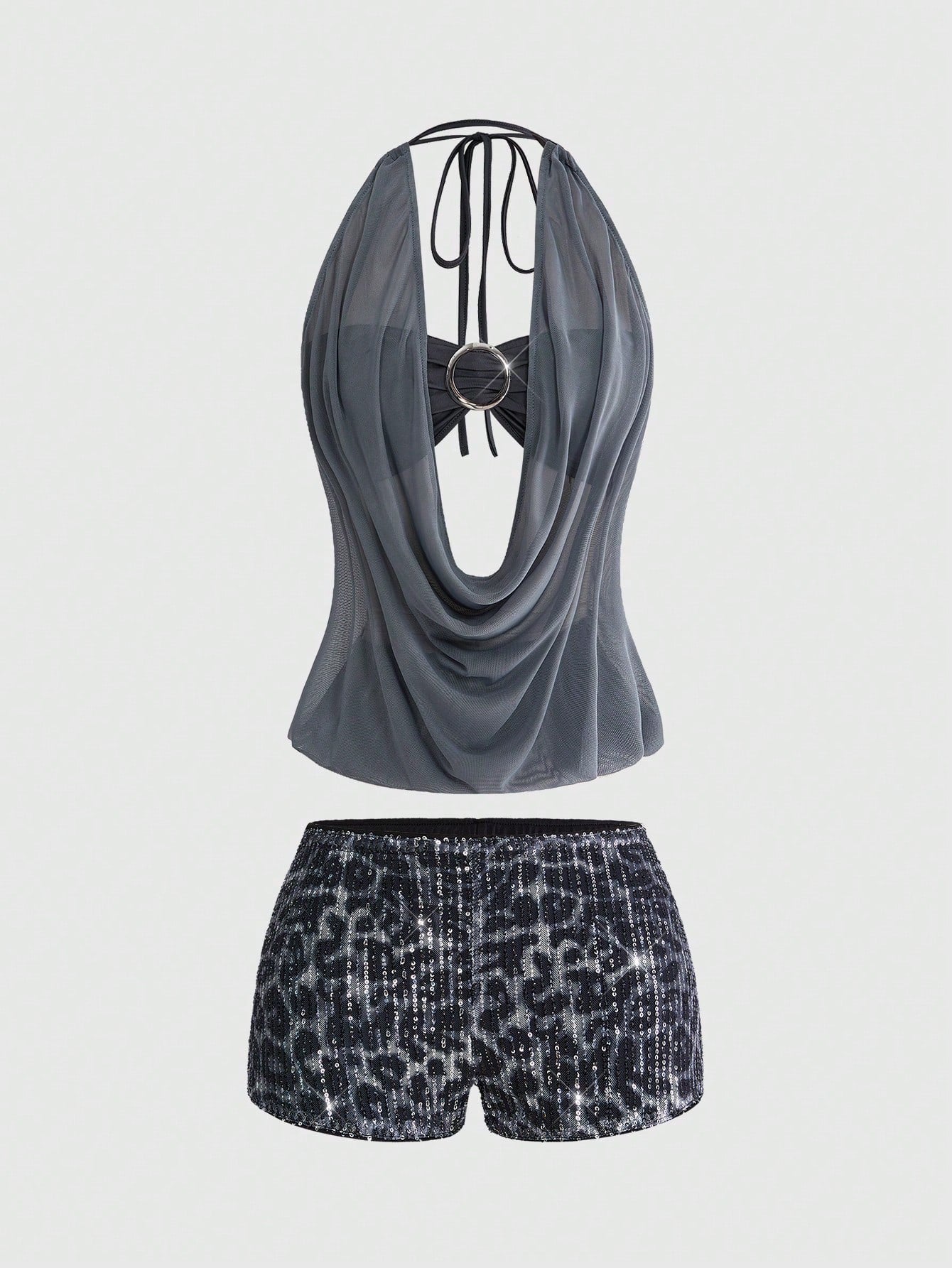 Women's two-piece outfit with a sleeveless halter cowl neck backless crop camisole, tie-back detail, bandeau inner, and leopard print shorts.