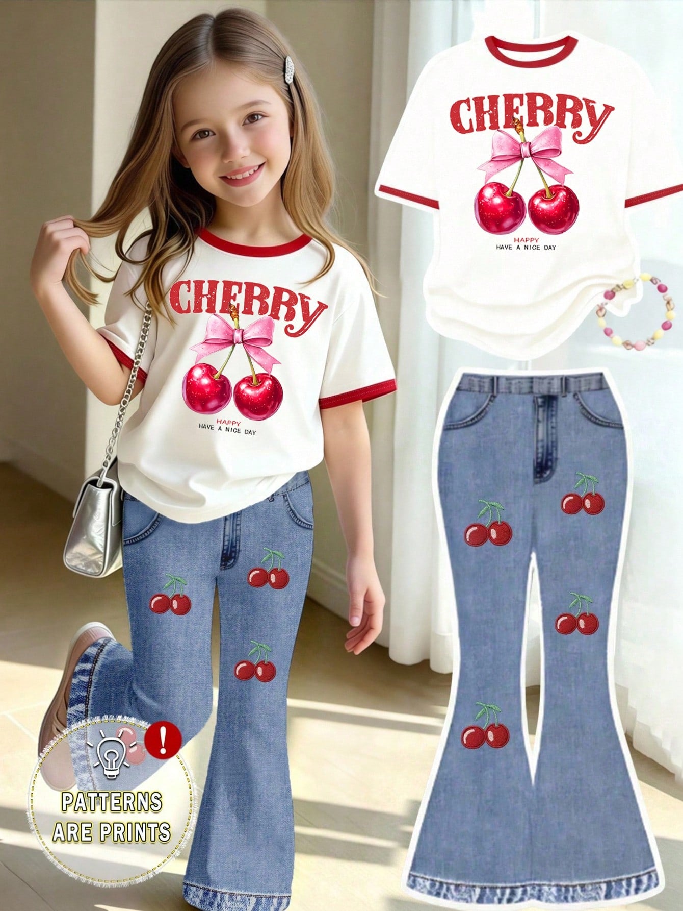 Elladie kids 2pcs/Set Young Girl Casual Butterfly Print Short Sleeve T-Shirt And Flare Pants,Cute Cartoon Graphic Fashionable Summer Clothes For School Outfit