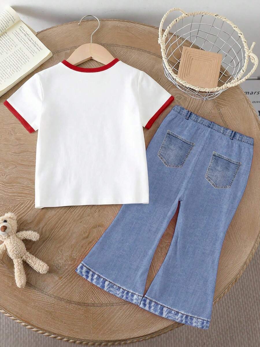 Elladie kids 2pcs/Set Young Girl Casual Butterfly Print Short Sleeve T-Shirt And Flare Pants,Cute Cartoon Graphic Fashionable Summer Clothes For School Outfit