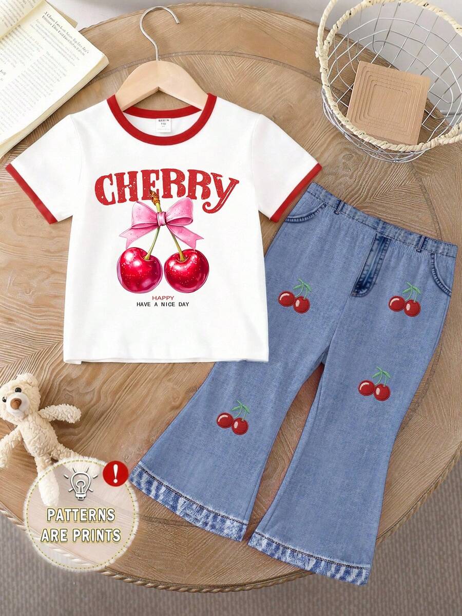 Elladie kids 2pcs/Set Young Girl Casual Butterfly Print Short Sleeve T-Shirt And Flare Pants,Cute Cartoon Graphic Fashionable Summer Clothes For School Outfit