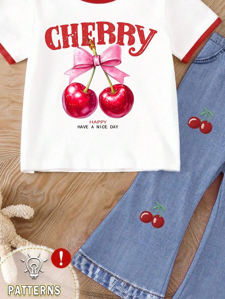 Elladie kids 2pcs/Set Young Girl Casual Butterfly Print Short Sleeve T-Shirt And Flare Pants,Cute Cartoon Graphic Fashionable Summer Clothes For School Outfit