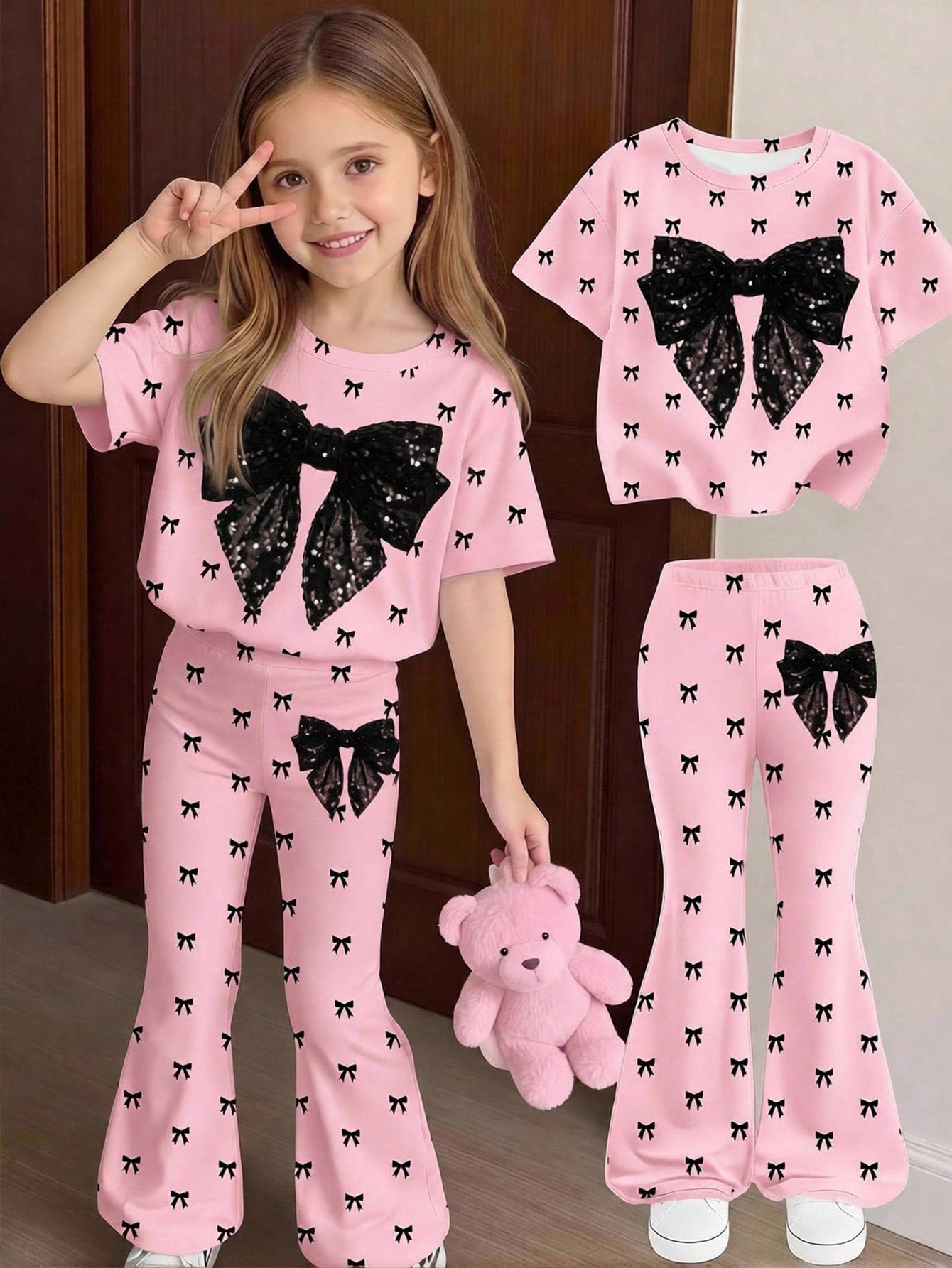 Elladie kids 2pcs/Set Young Girl Casual Butterfly Print Short Sleeve T-Shirt And Flare Pants,Cute Cartoon Graphic Fashionable Summer Clothes For School Outfit