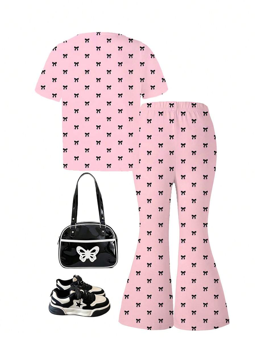 Elladie kids 2pcs/Set Young Girl Casual Butterfly Print Short Sleeve T-Shirt And Flare Pants,Cute Cartoon Graphic Fashionable Summer Clothes For School Outfit