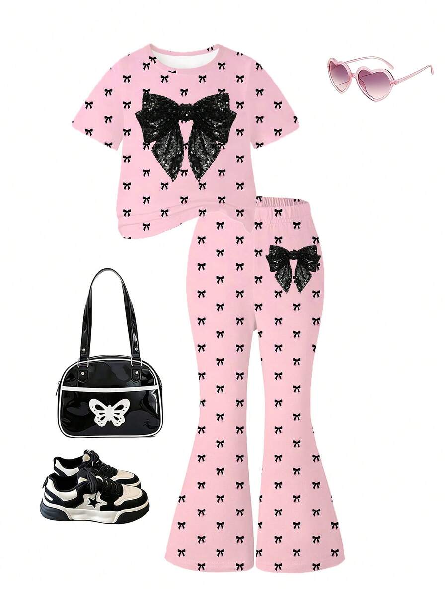 Elladie kids 2pcs/Set Young Girl Casual Butterfly Print Short Sleeve T-Shirt And Flare Pants,Cute Cartoon Graphic Fashionable Summer Clothes For School Outfit