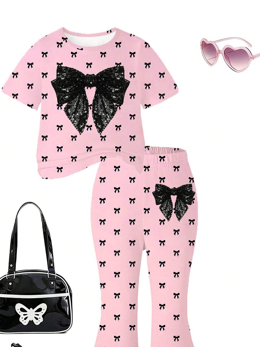 Elladie kids 2pcs/Set Young Girl Casual Butterfly Print Short Sleeve T-Shirt And Flare Pants,Cute Cartoon Graphic Fashionable Summer Clothes For School Outfit