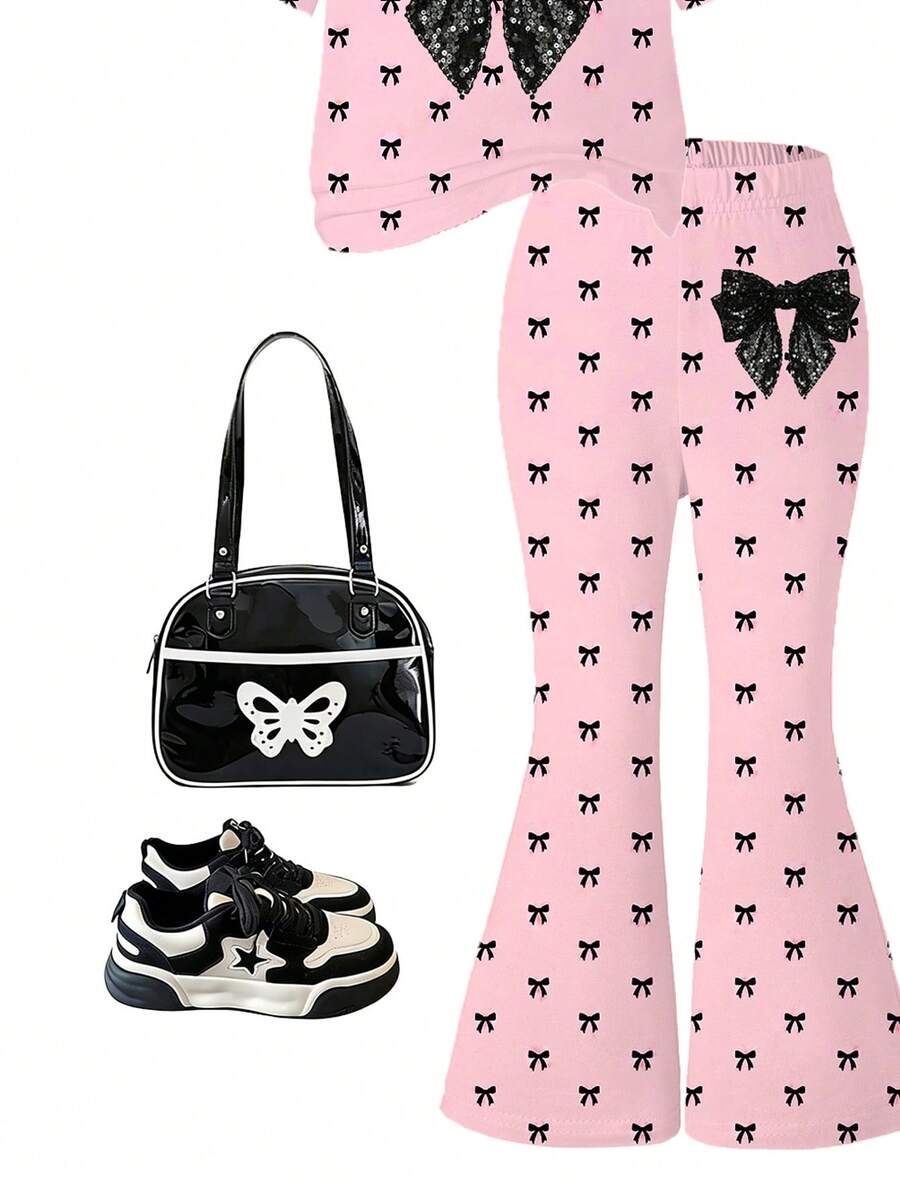 Elladie kids 2pcs/Set Young Girl Casual Butterfly Print Short Sleeve T-Shirt And Flare Pants,Cute Cartoon Graphic Fashionable Summer Clothes For School Outfit