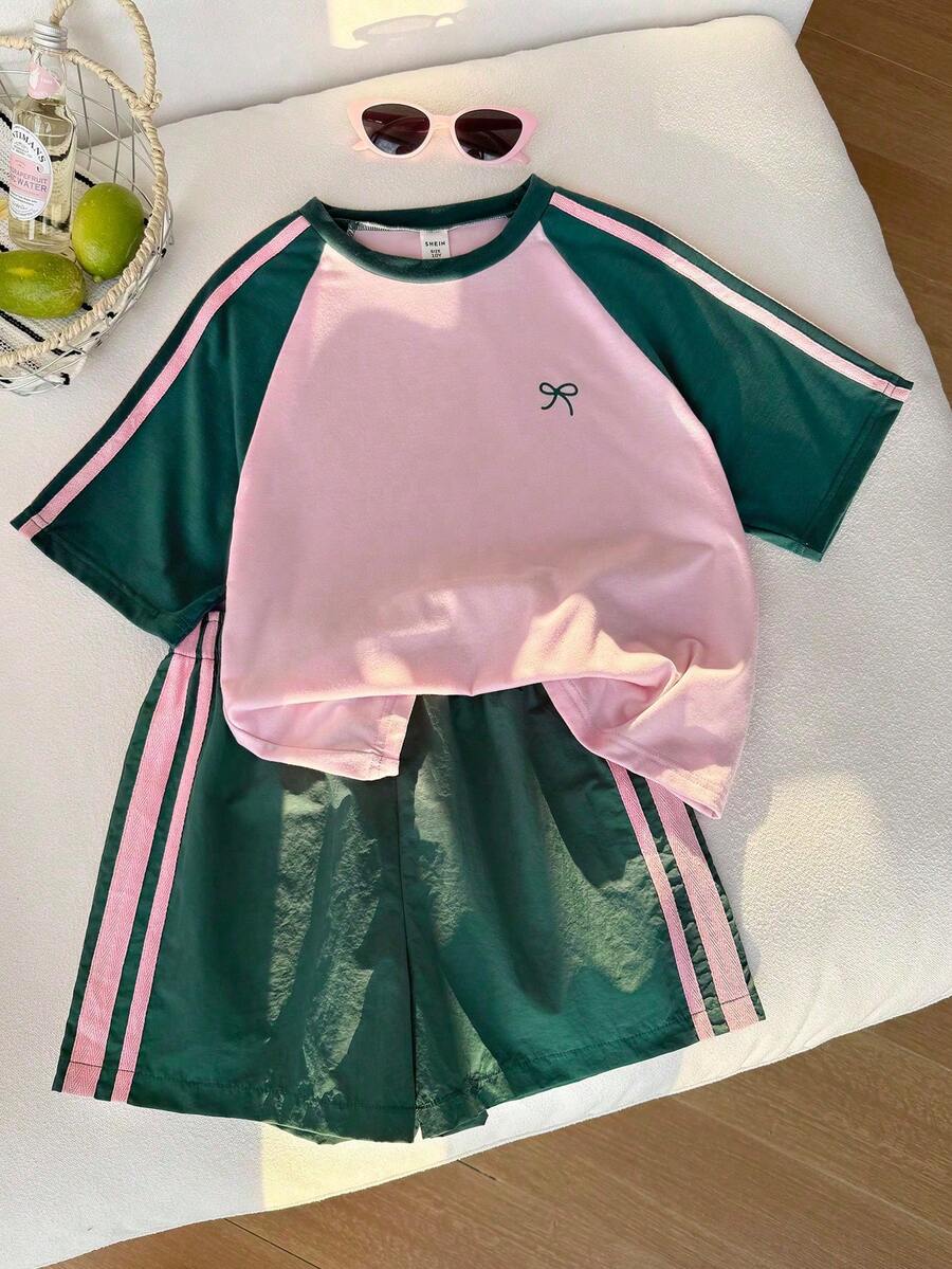 Genkimix Kids Young Girls Casual Light Sports Print Leopard Raglan T-Shirt With Cute Bow Front, Contrast Pink Knit Jersey Fabric, Y2K Retro Double Stripe Leopard Shorts Set, Suitable For Casual Activities, Street Style, Sports